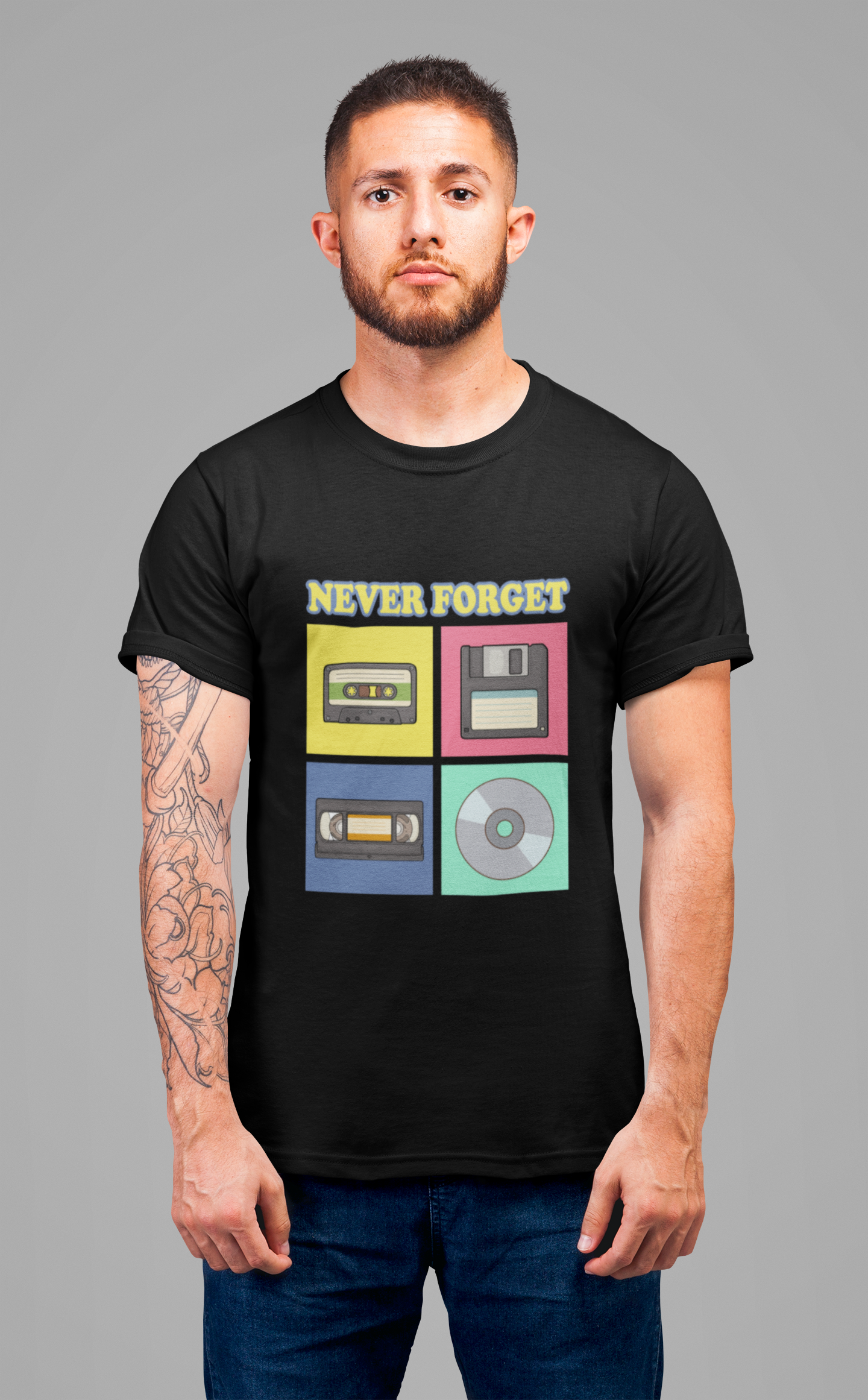 Never Forget Retro Media Tshirt Floppy Disk Cassette Tape Recorder CD Graphic