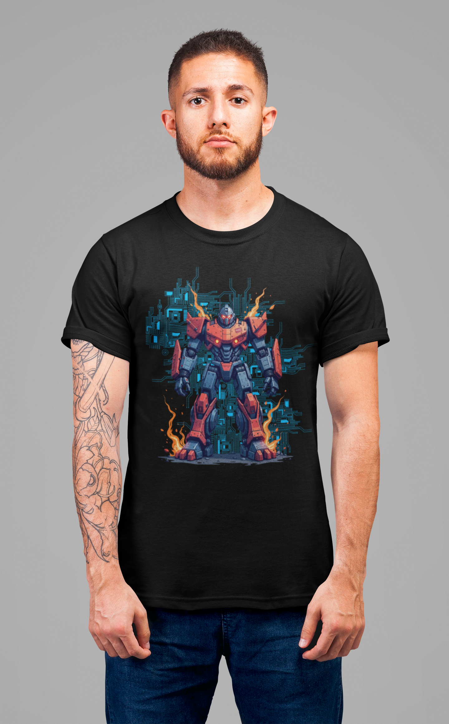 Ready for Anything – Robot Transformer on Fiery Ground Graphic T-Shirt