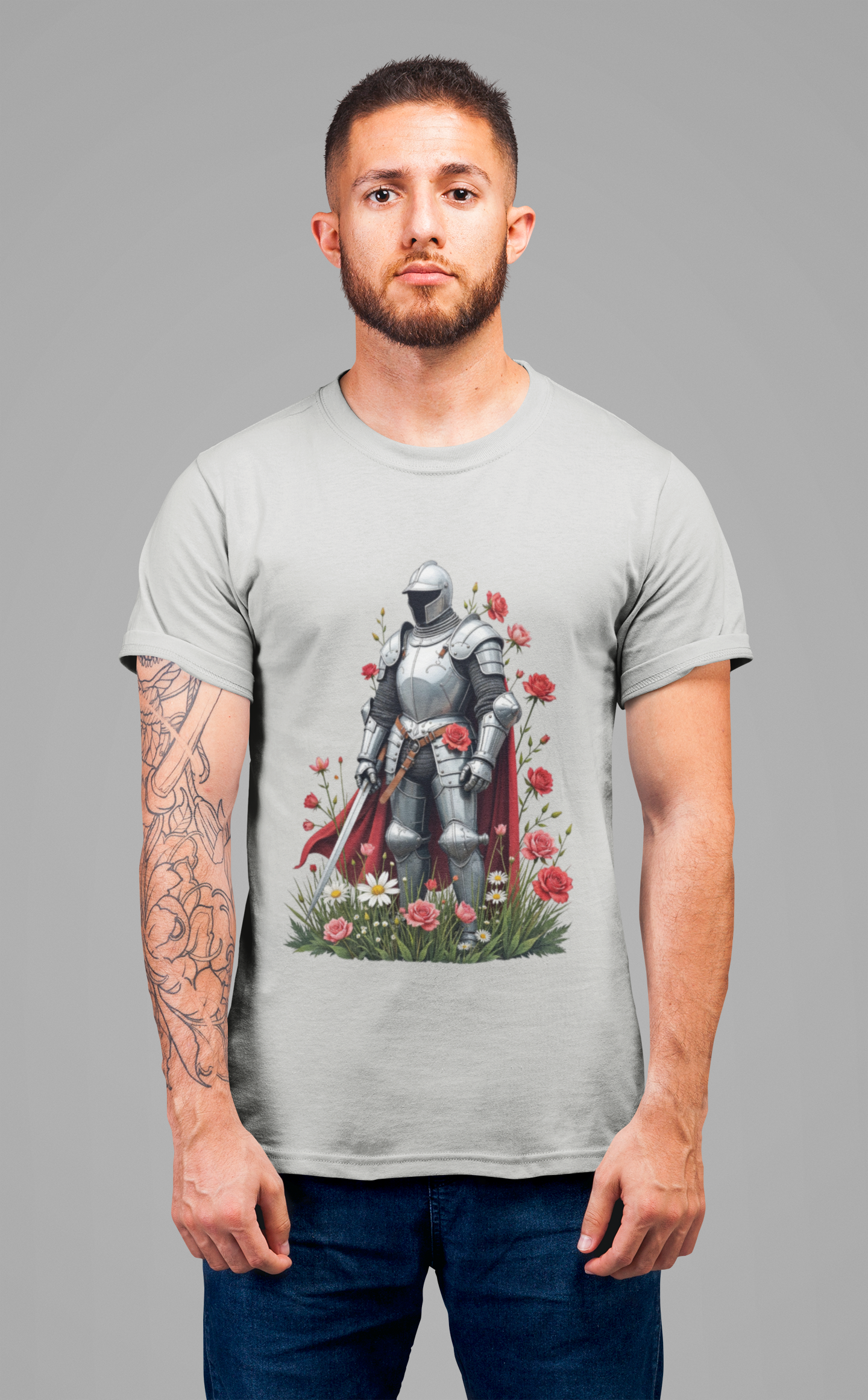 Medieval Knight and Roses Graphic Shirt – Strength and Beauty