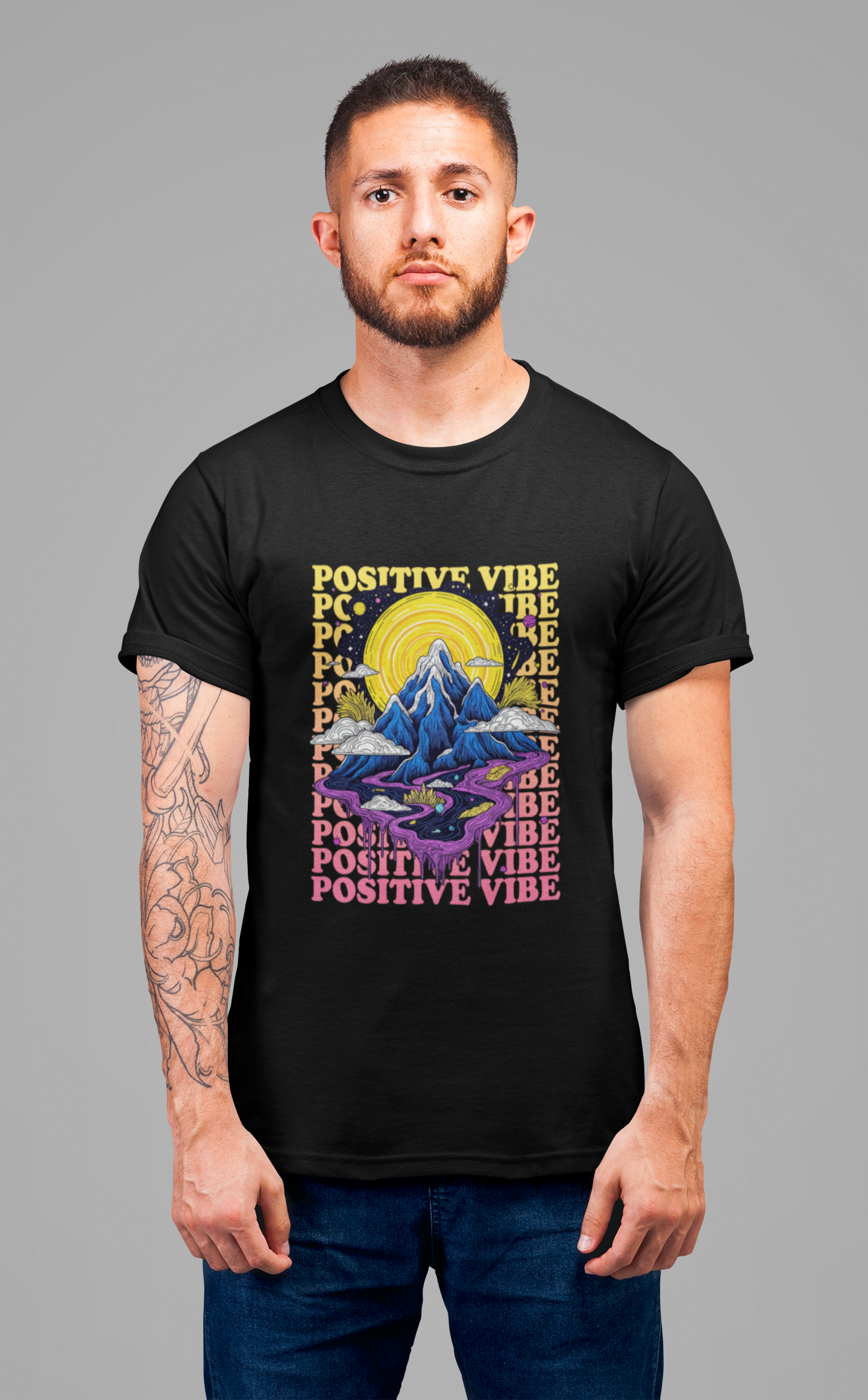 Positive Vibes – Cosmic Sun and Solar System Drip Graphic T-Shirt