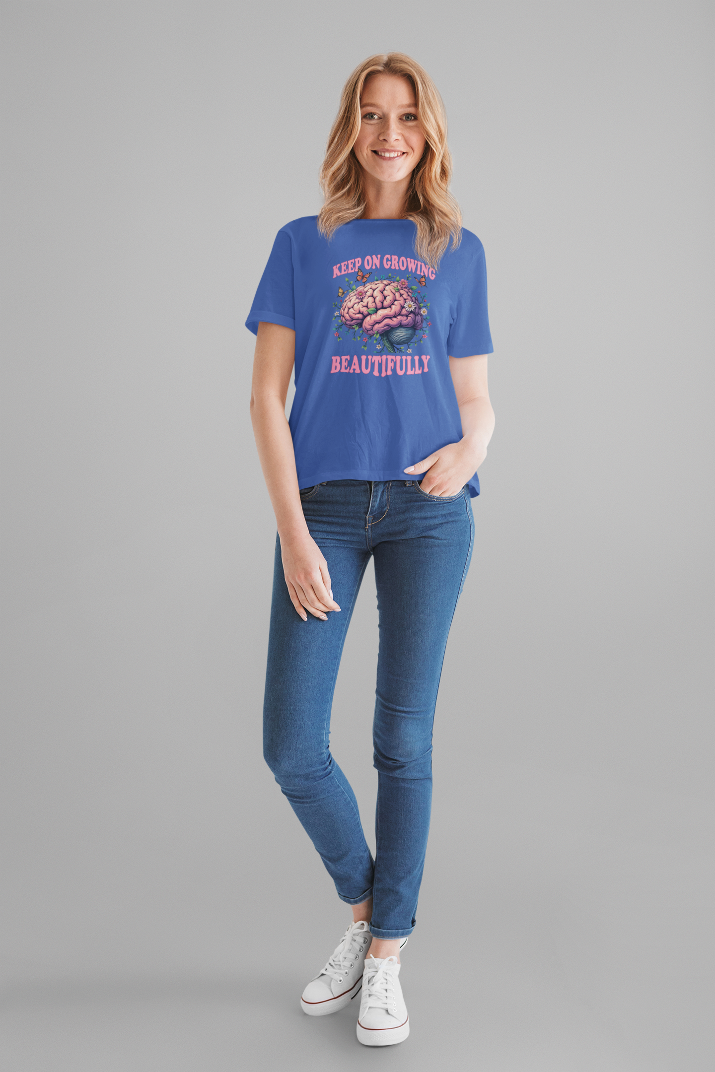 Keep on Growing Beautifully – Brain with Flowers, Plants & Butterflies Graphic T-Shirt