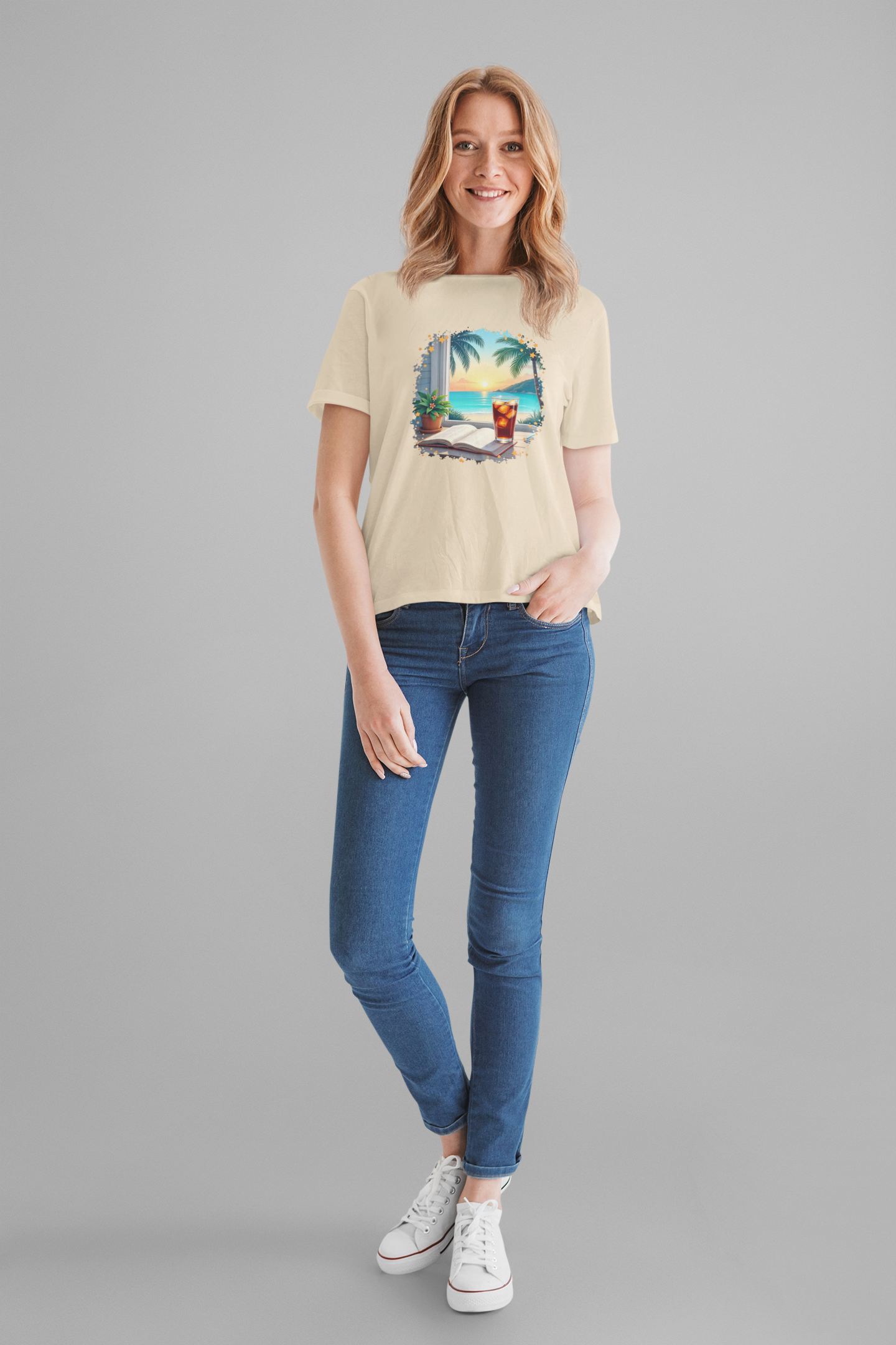 Romanticize Everything - Beachside Serenity – Table with Book, Drink & Flower Pot by Window Graphic T-Shirt