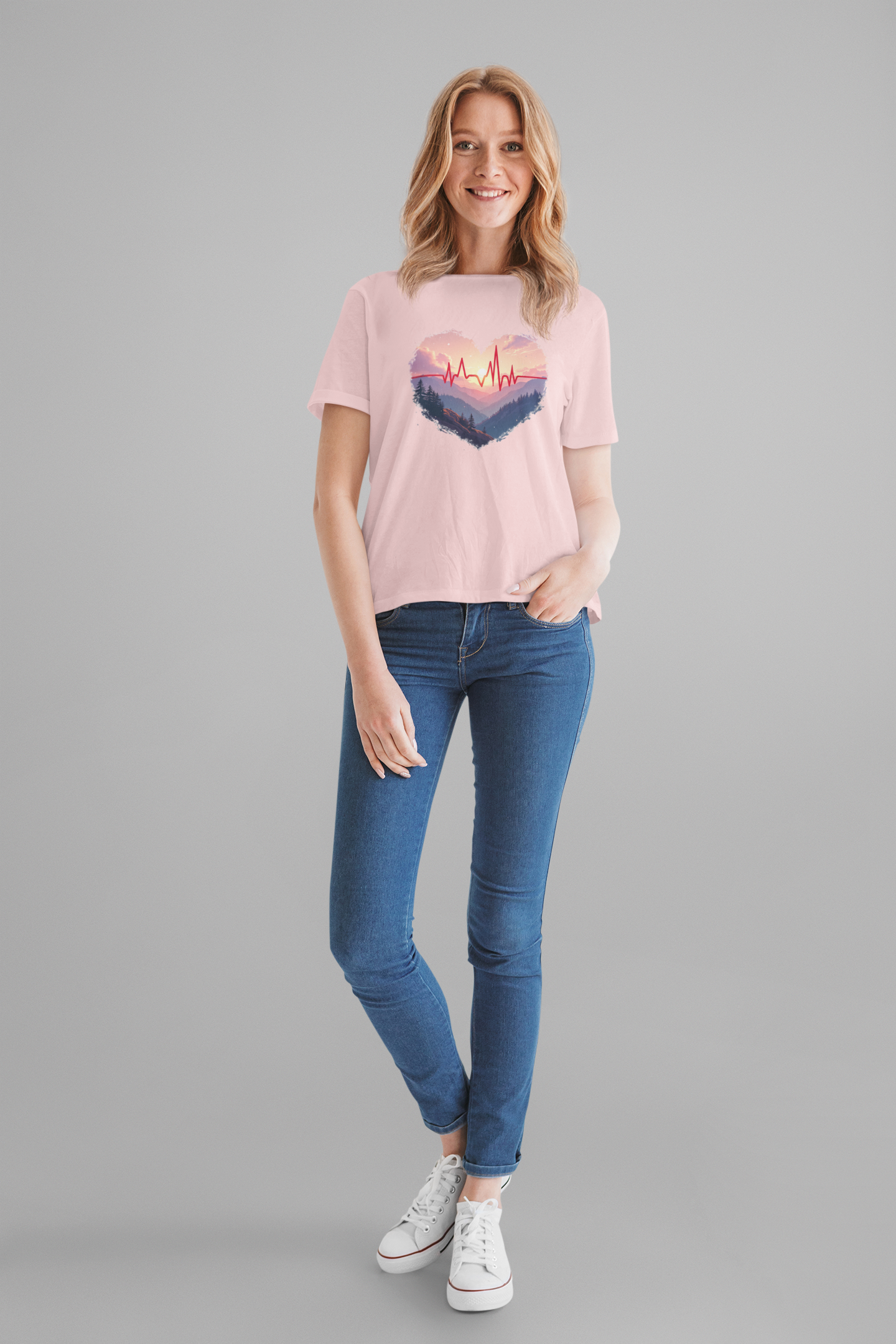 Heart-Shaped Majestic Mountains Landscape with Bold Red Lifeline Graphic T-Shirt