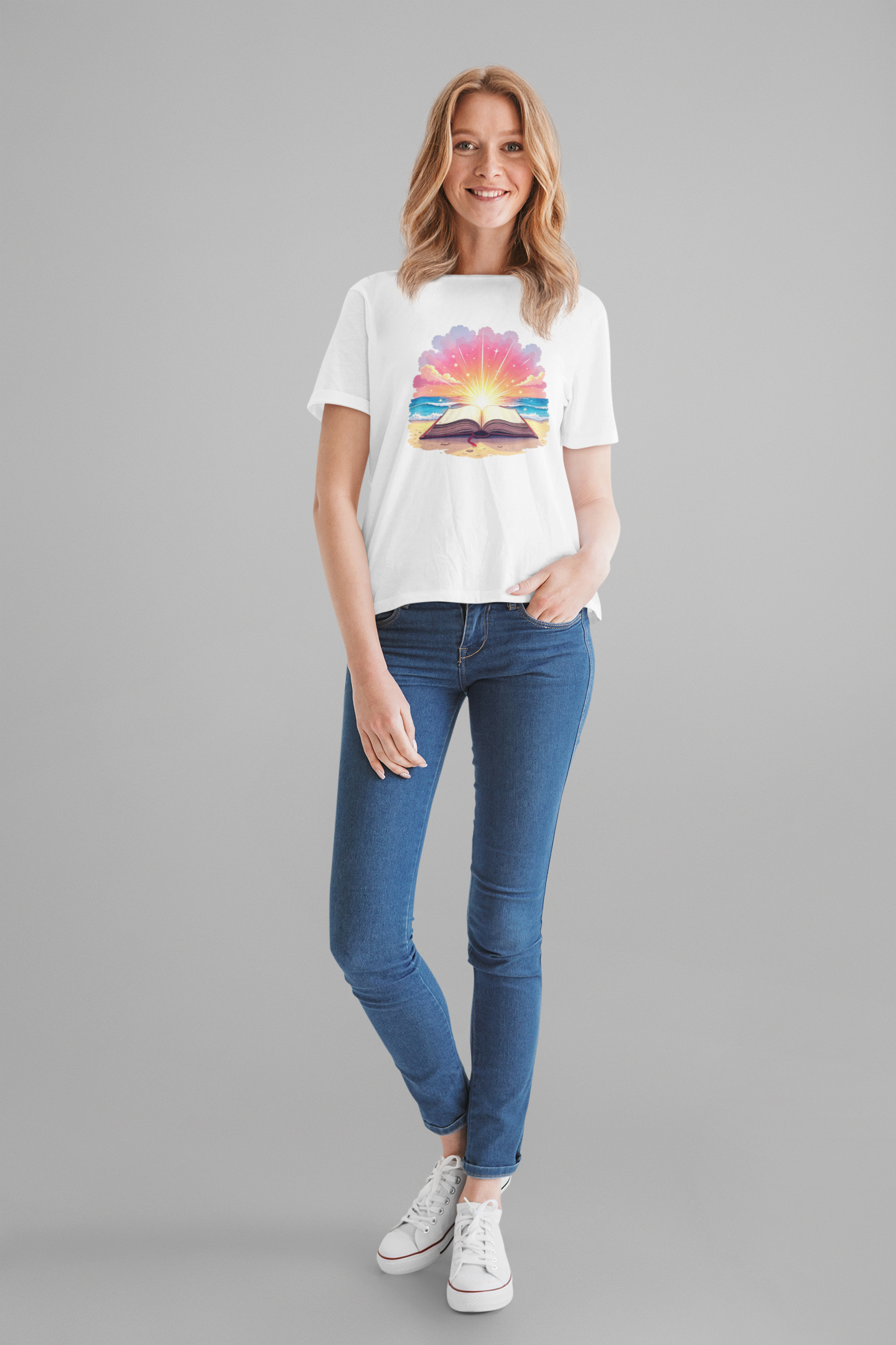 Magical Open Book on Beach with Radiant Flashlight Graphic T-Shirt