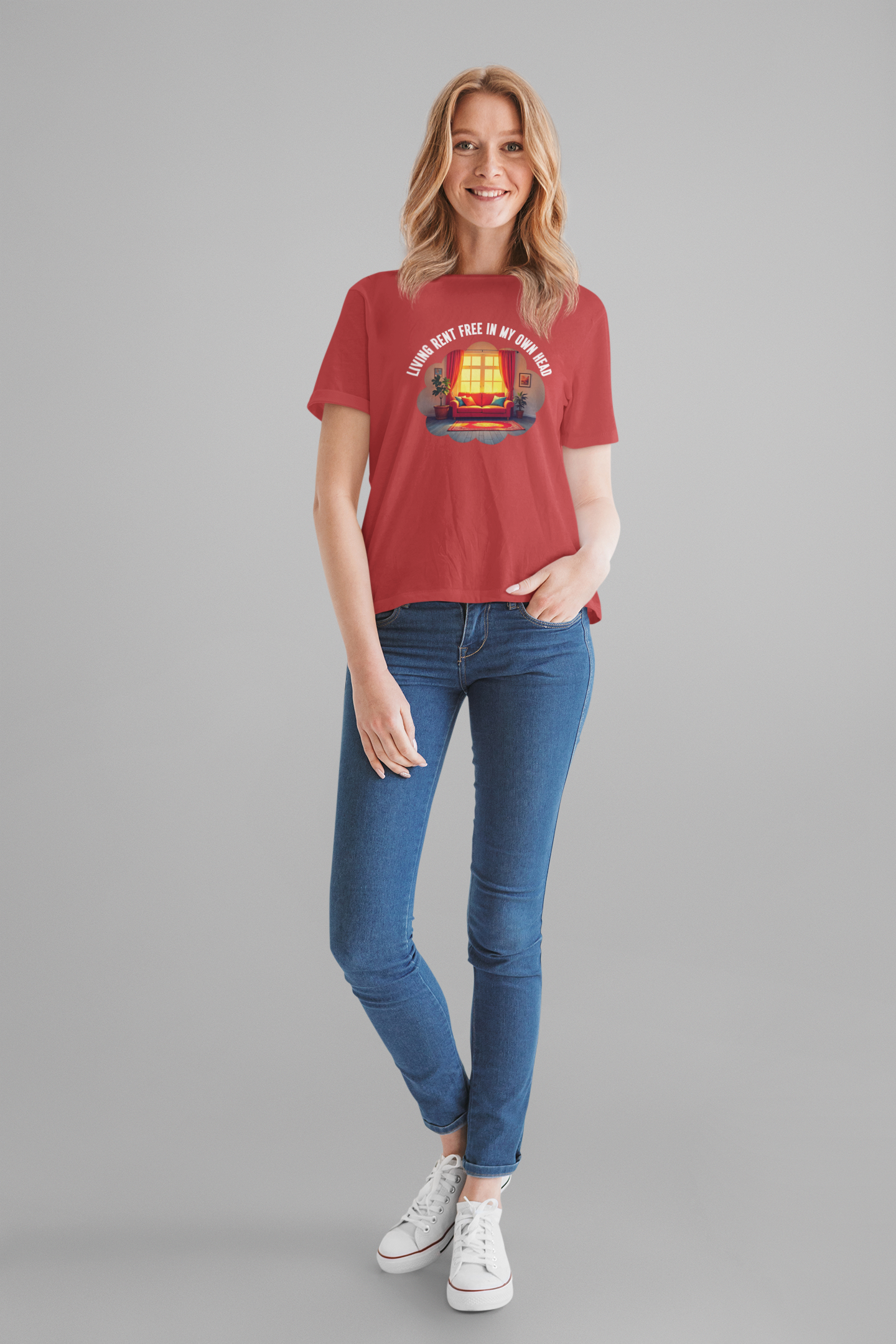 Living Rent Free in My Own Head – Cozy Living Room with Sofa & Sunlit Window Graphic T-Shirt