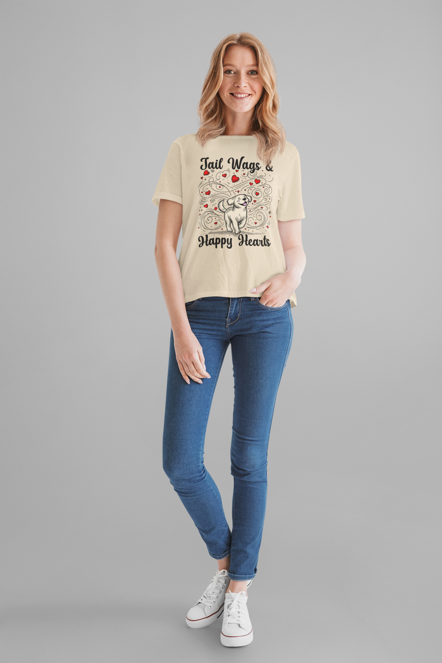 Tail Wags Happy Hearts | Smiling Puppy Walking with Flying Heart Emotions T-Shirt