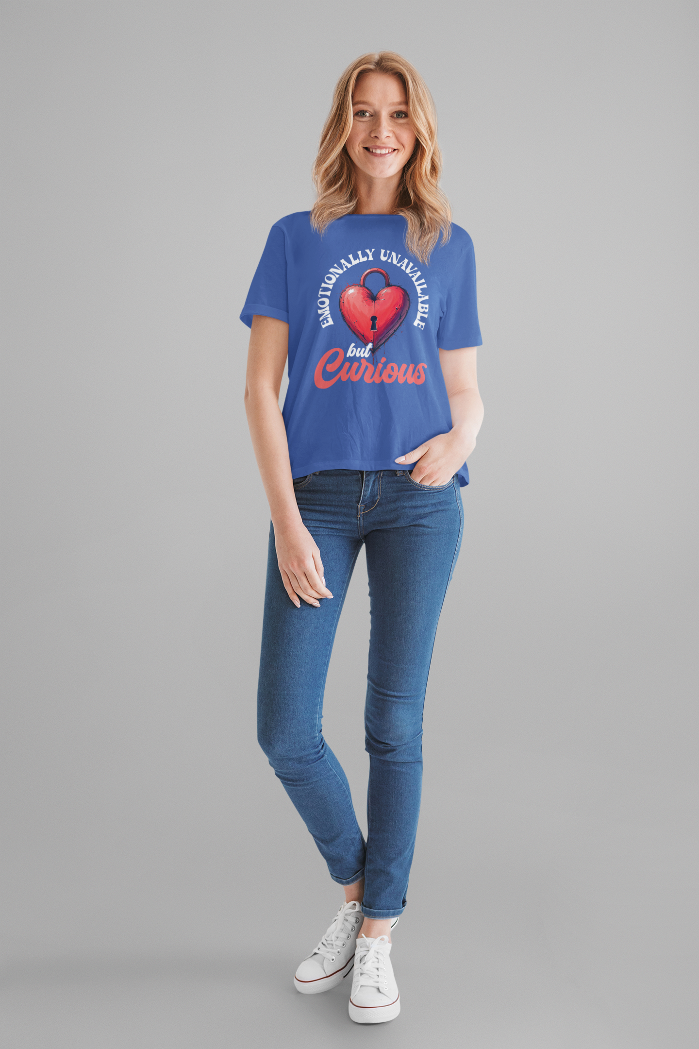 Emotionally Unavailable But Curious – Red Heart Lock Graphic T-Shirt