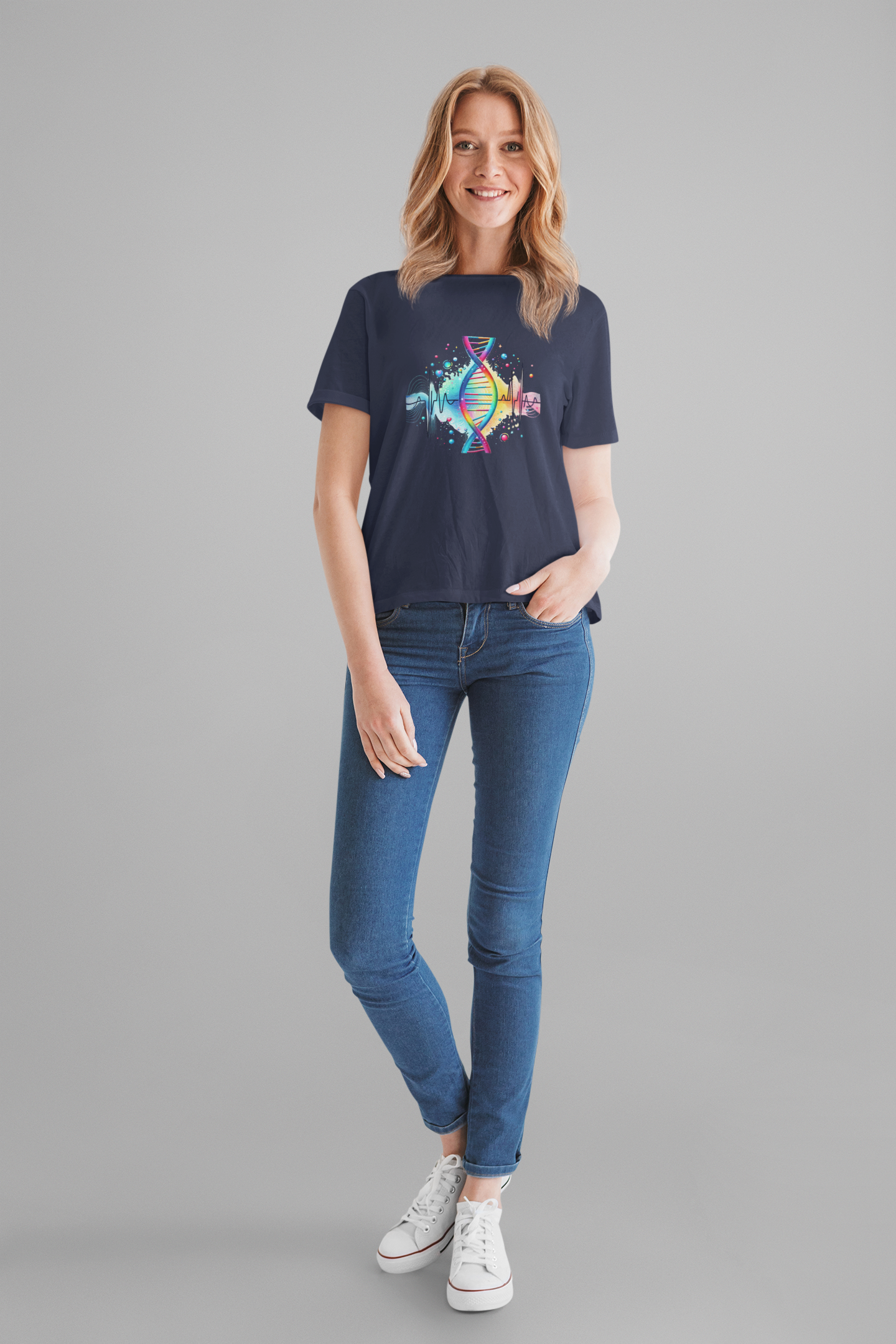 Life in Color – Vibrant DNA Helix with Medical Lifeline Graphic T-Shirt