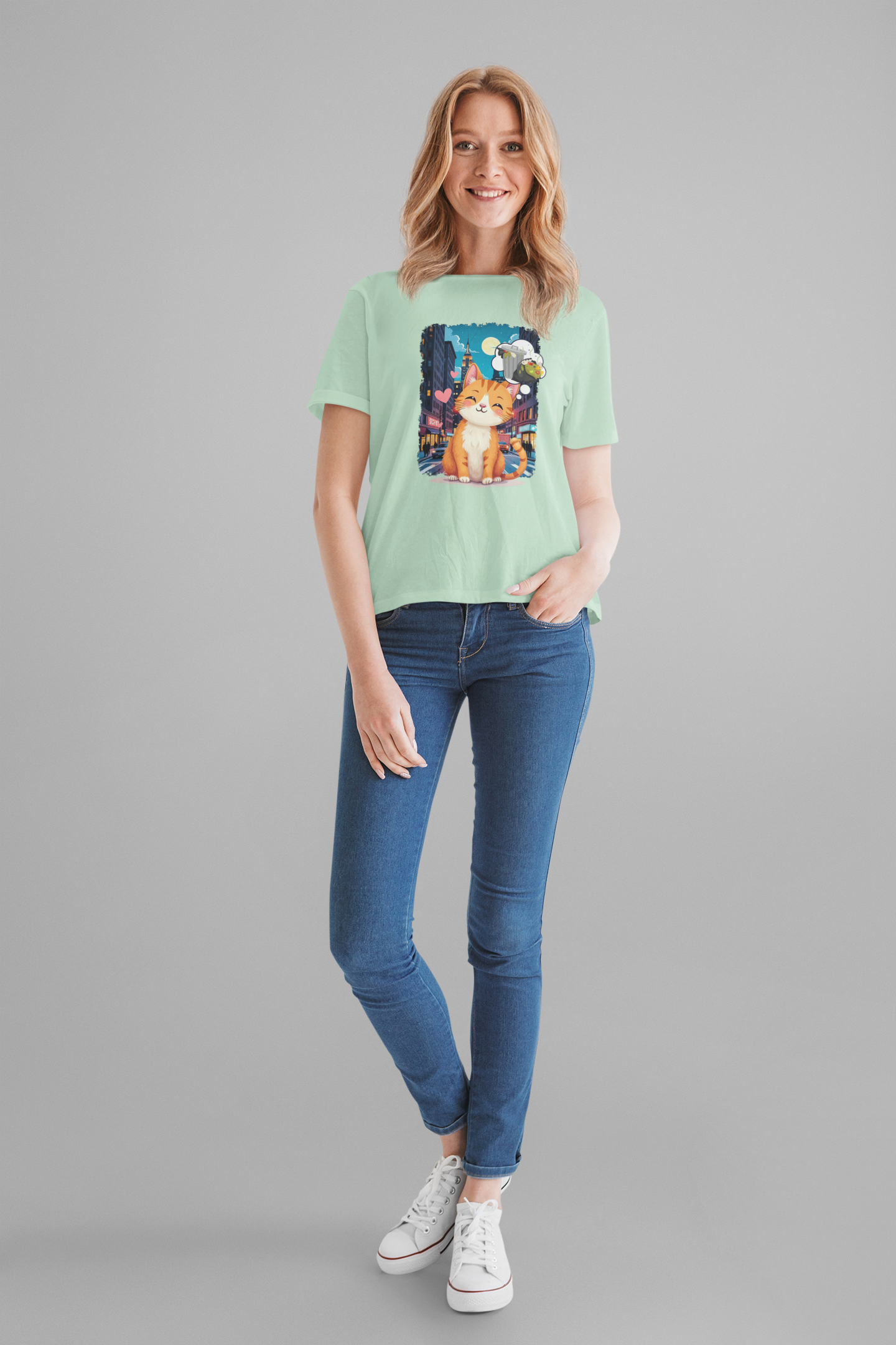 City Cat Dreams – Happy Orange Cat with Urban Garbage Thought Bubble Graphic T-Shirt