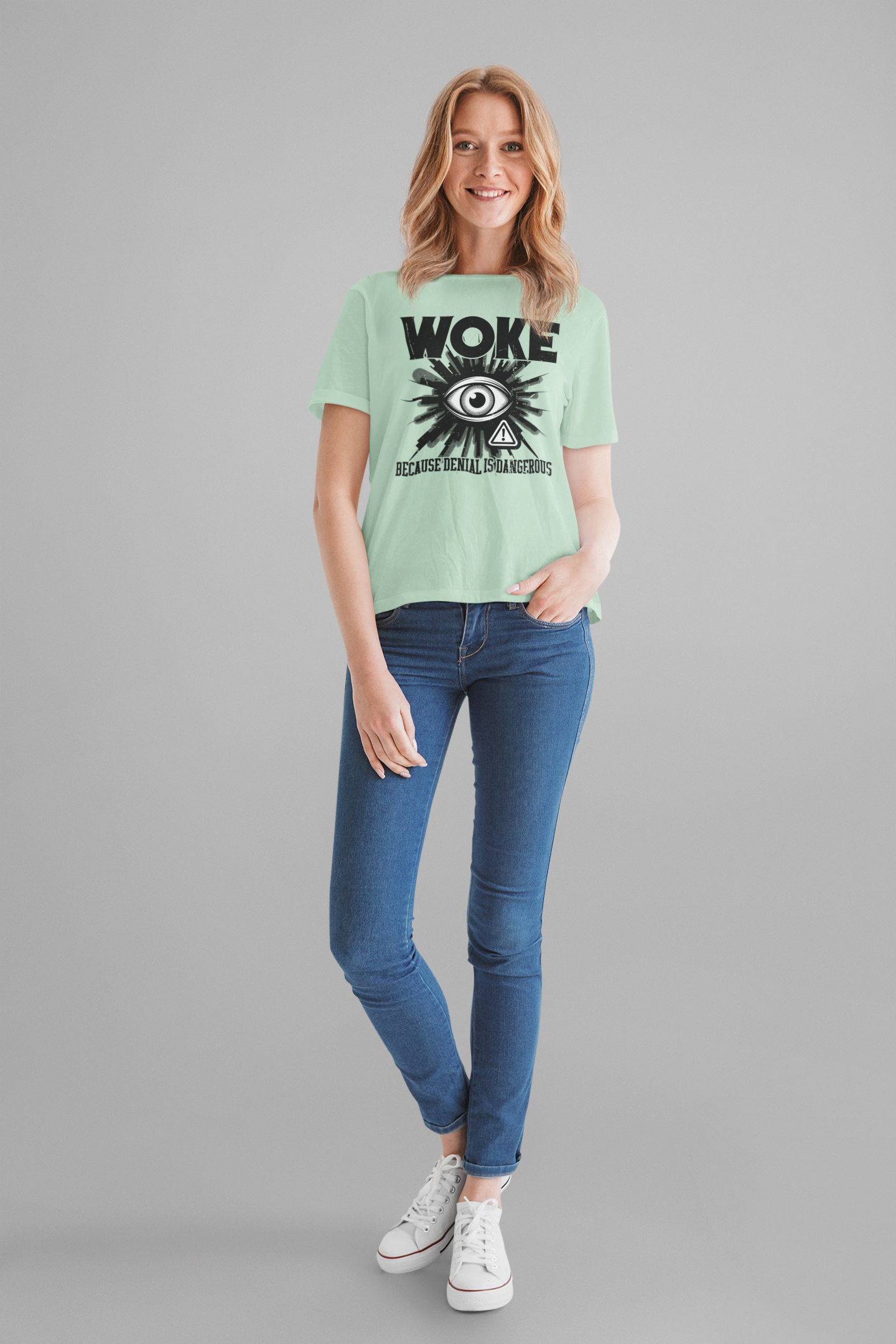 WOKE Because Denial Is Dangerous | Black Eye & Caution Symbol Graphic T-Shirt