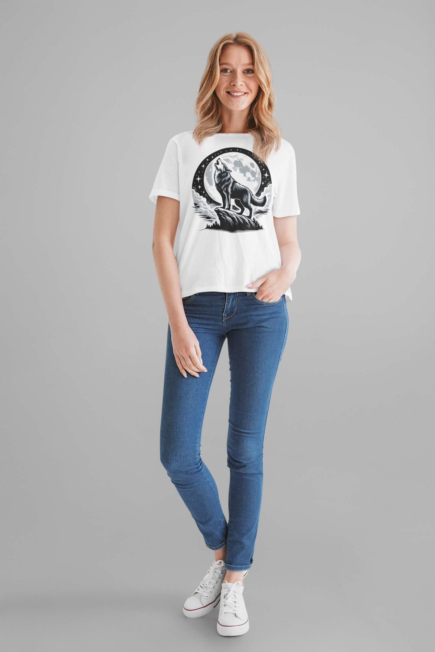 Mystical and Wild - Wolf Howling on Mountain Edge with Full Moon and Stars Graphic T-Shirt