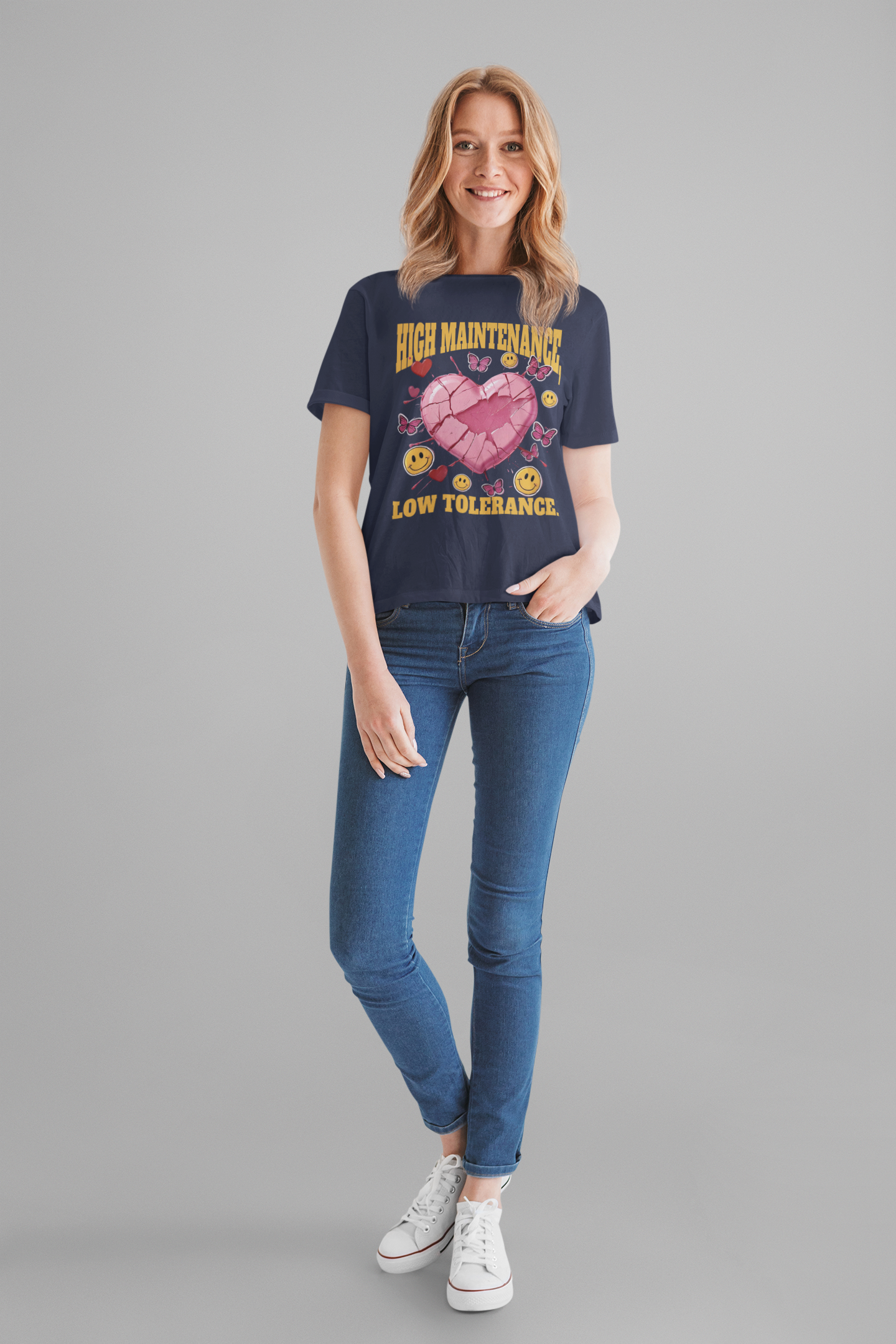 High Maintenance, Low Tolerance | Cracked Heart & Smiles Butterfly Graphic T-Shirt