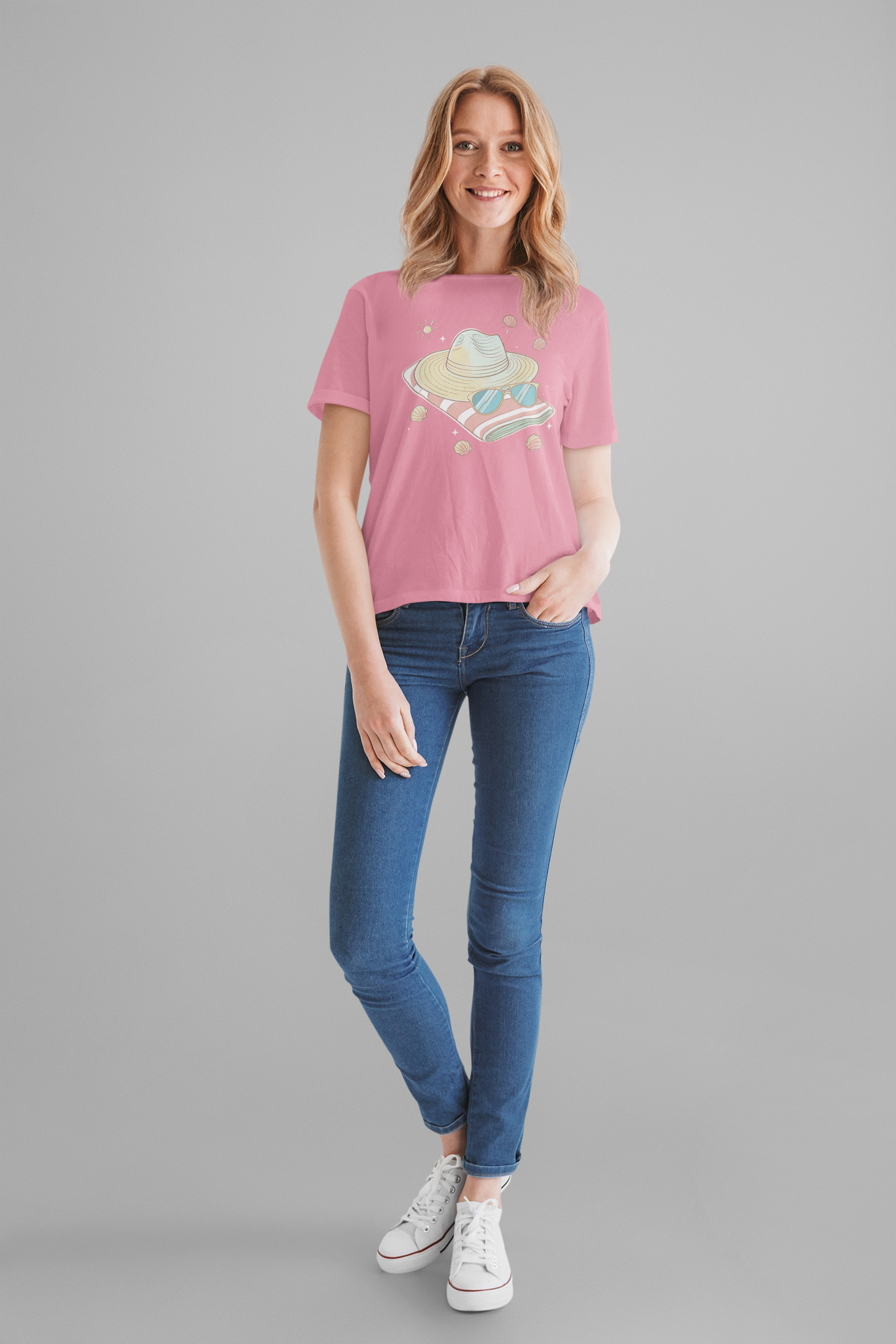 Sun Kissed & Carefree Beach Day Essentials – Towel, Sunglasses & Hat with Sun and Seashells Graphic T-Shirt