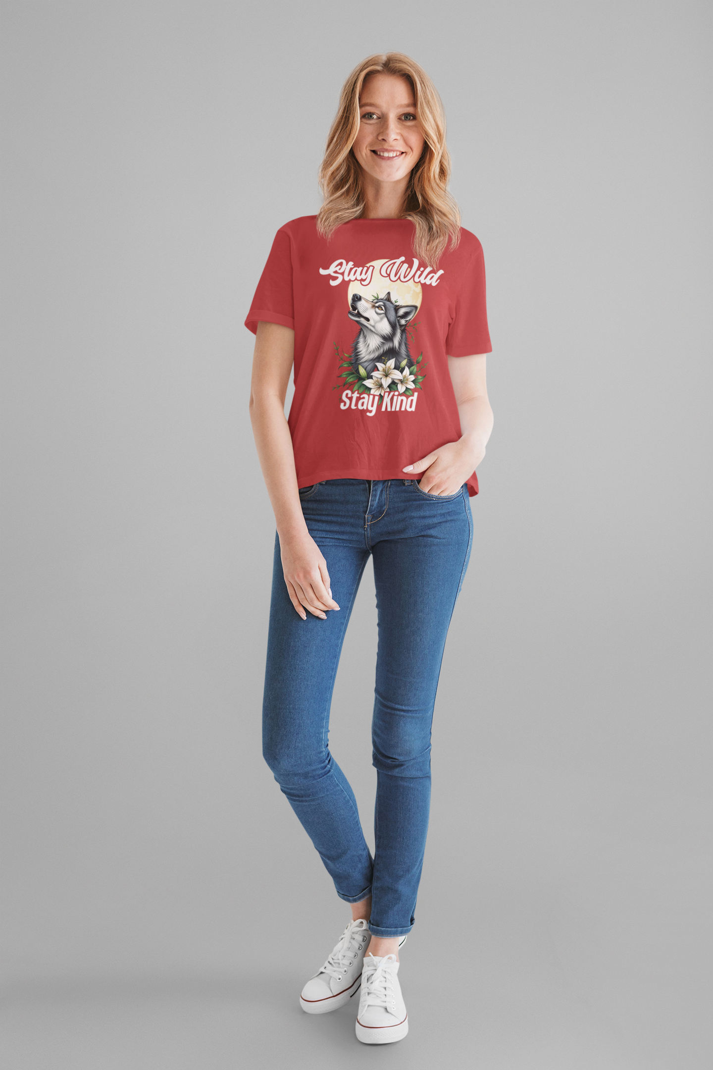 Stay Wild Stay Kind Wolf T-Shirt – Moon and Flower Nature Graphic