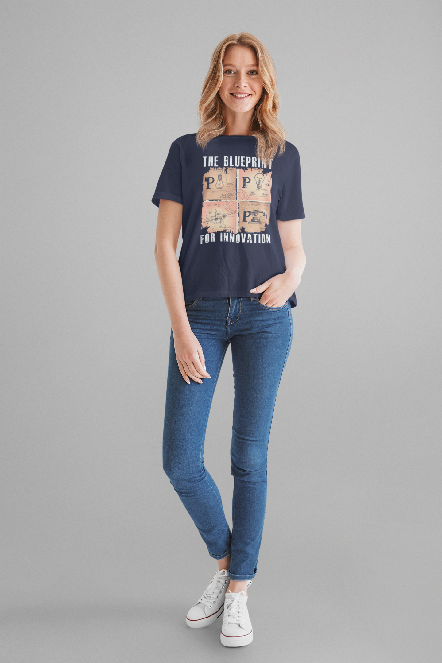 The Blueprint for Innovation Tshirt – Vintage Paper with Iconic Inventions Graphic
