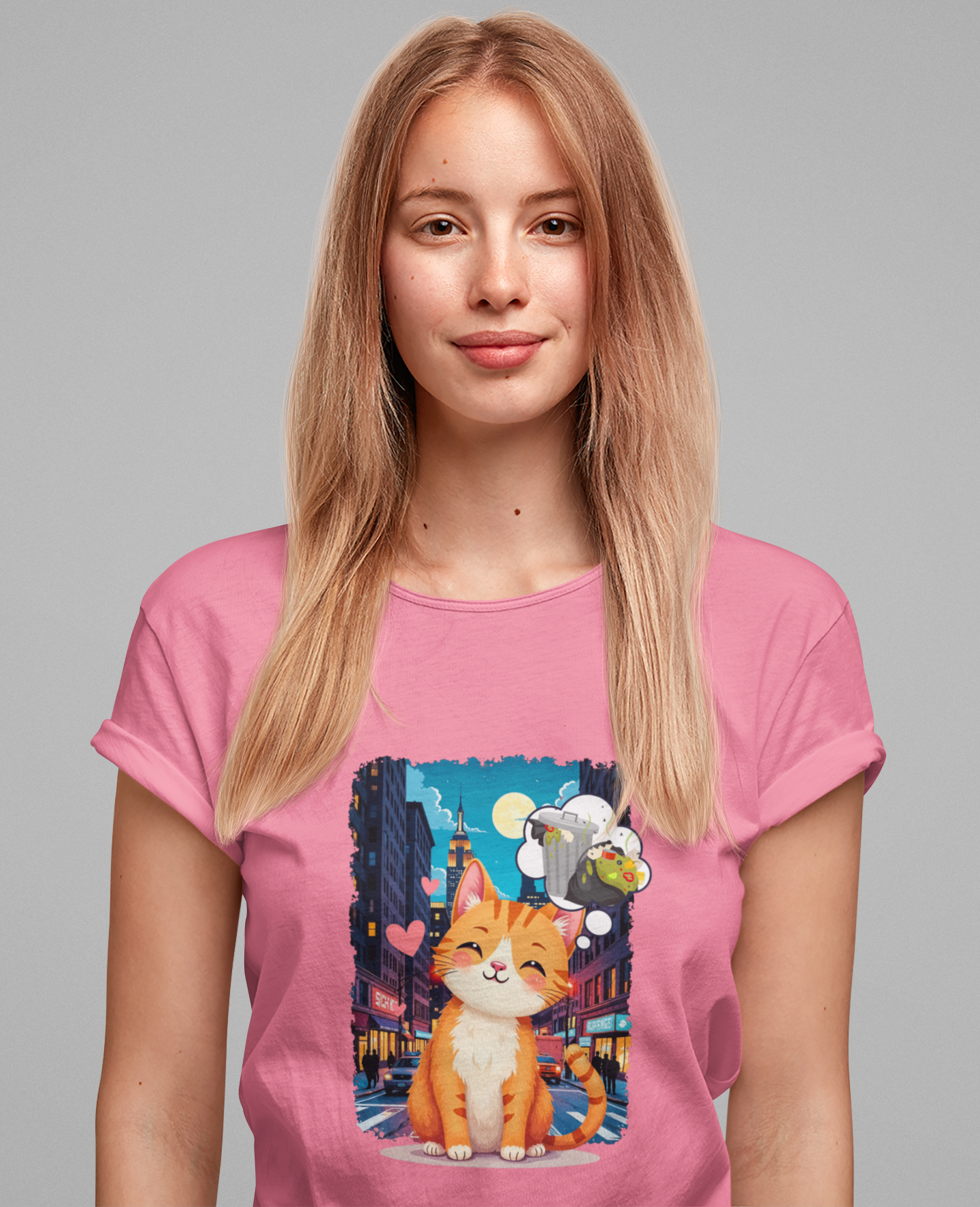 City Cat Dreams – Happy Orange Cat with Urban Garbage Thought Bubble Graphic T-Shirt