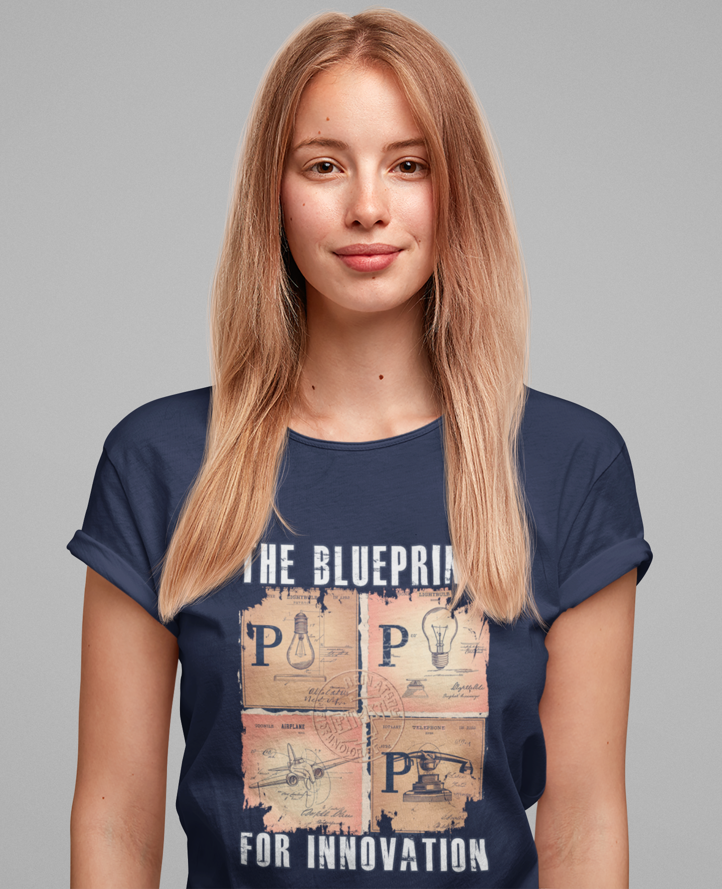 The Blueprint for Innovation Tshirt – Vintage Paper with Iconic Inventions Graphic