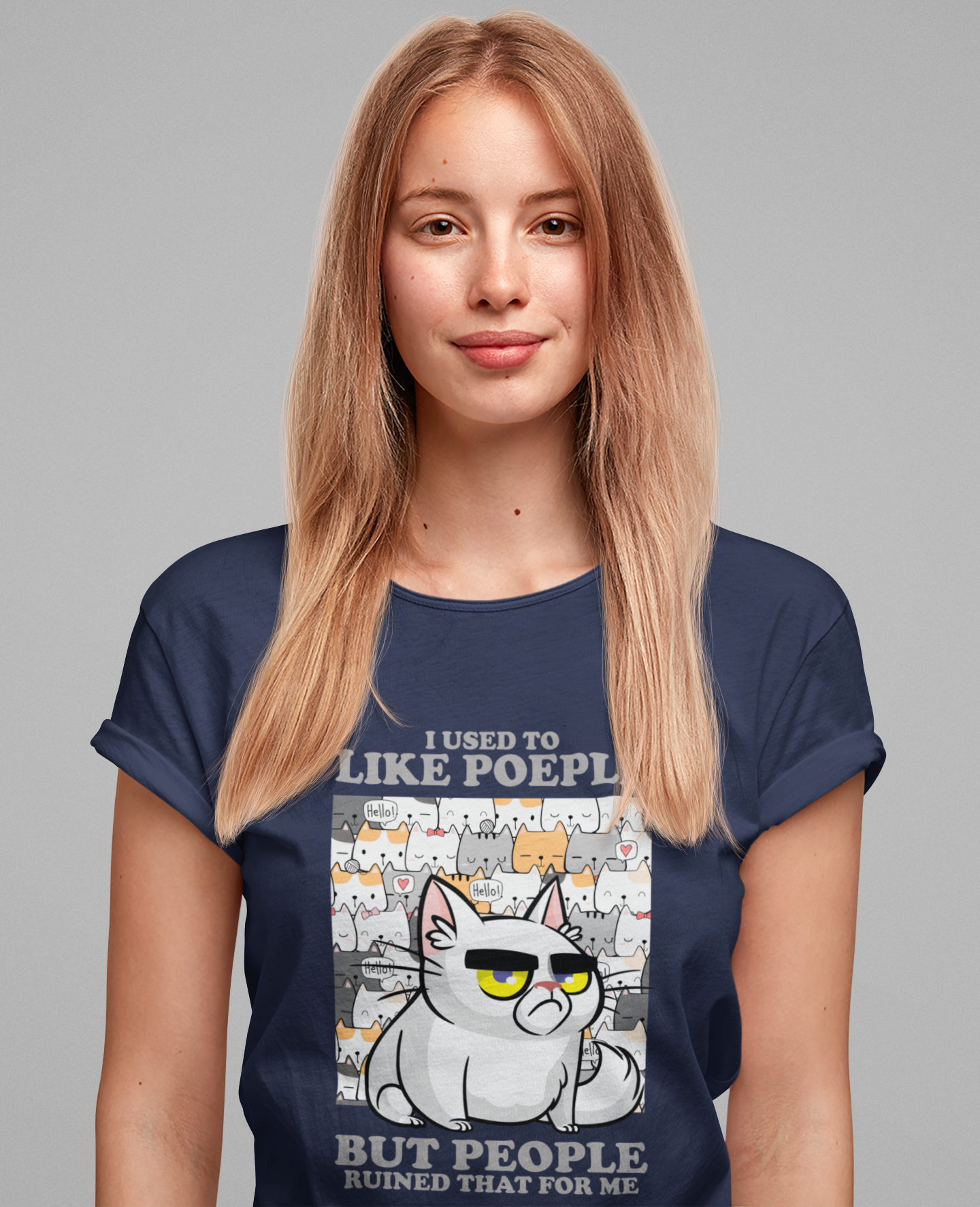 I Used To Like People But People Ruined That For Me T-Shirt – Moody Cat and Cats Background Graphic Tee