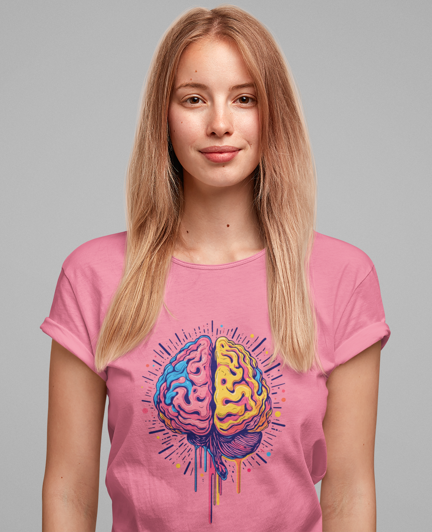 Colorful Vibrant Brain with Dripping Paint and Radiant Energy Lines Graphic T-Shirt