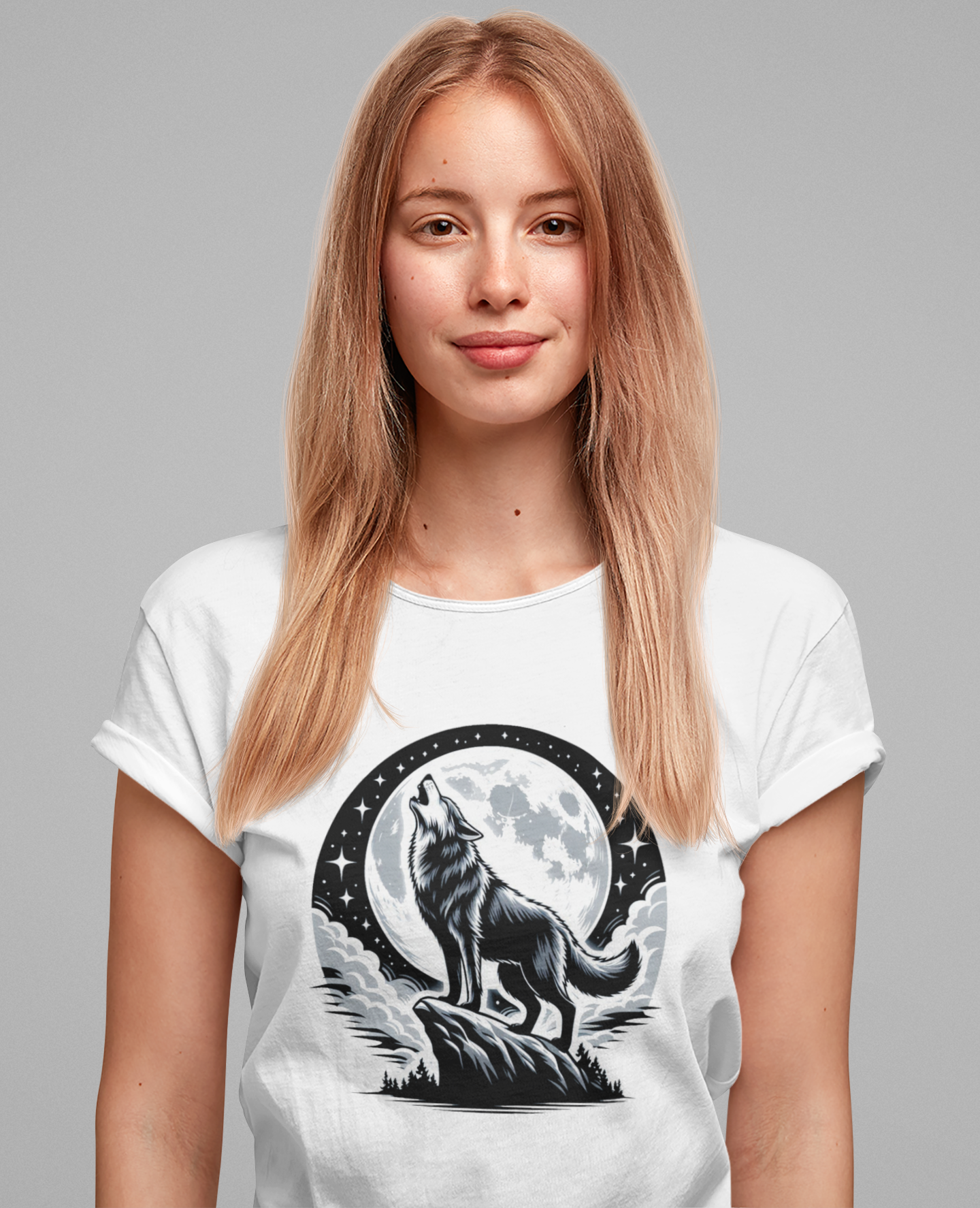 Mystical and Wild - Wolf Howling on Mountain Edge with Full Moon and Stars Graphic T-Shirt
