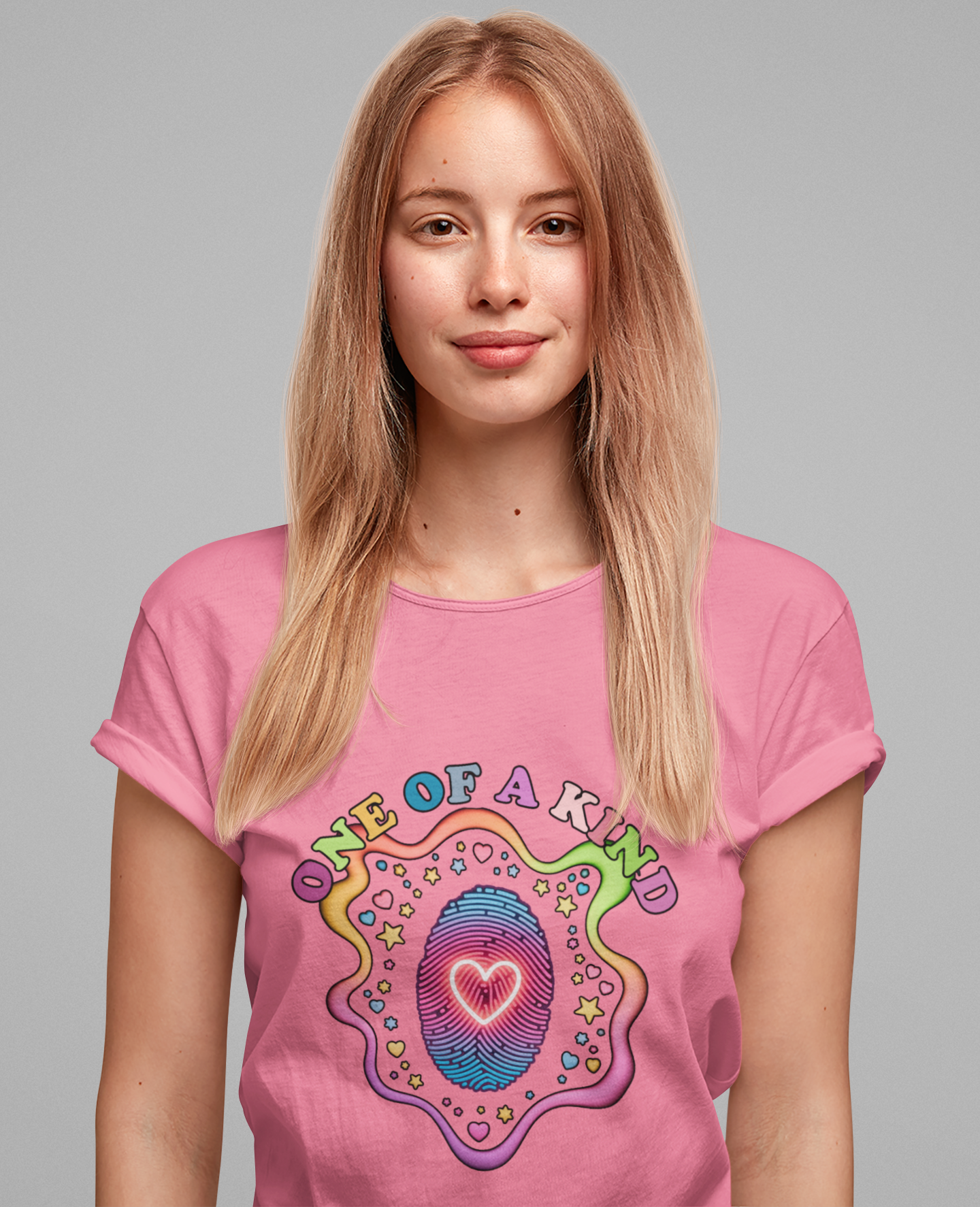 One of a Kind – Embrace Your Uniqueness Colorful Abstract Embryo with Fingerprint & Glowing Heart Graphic T-Shirt