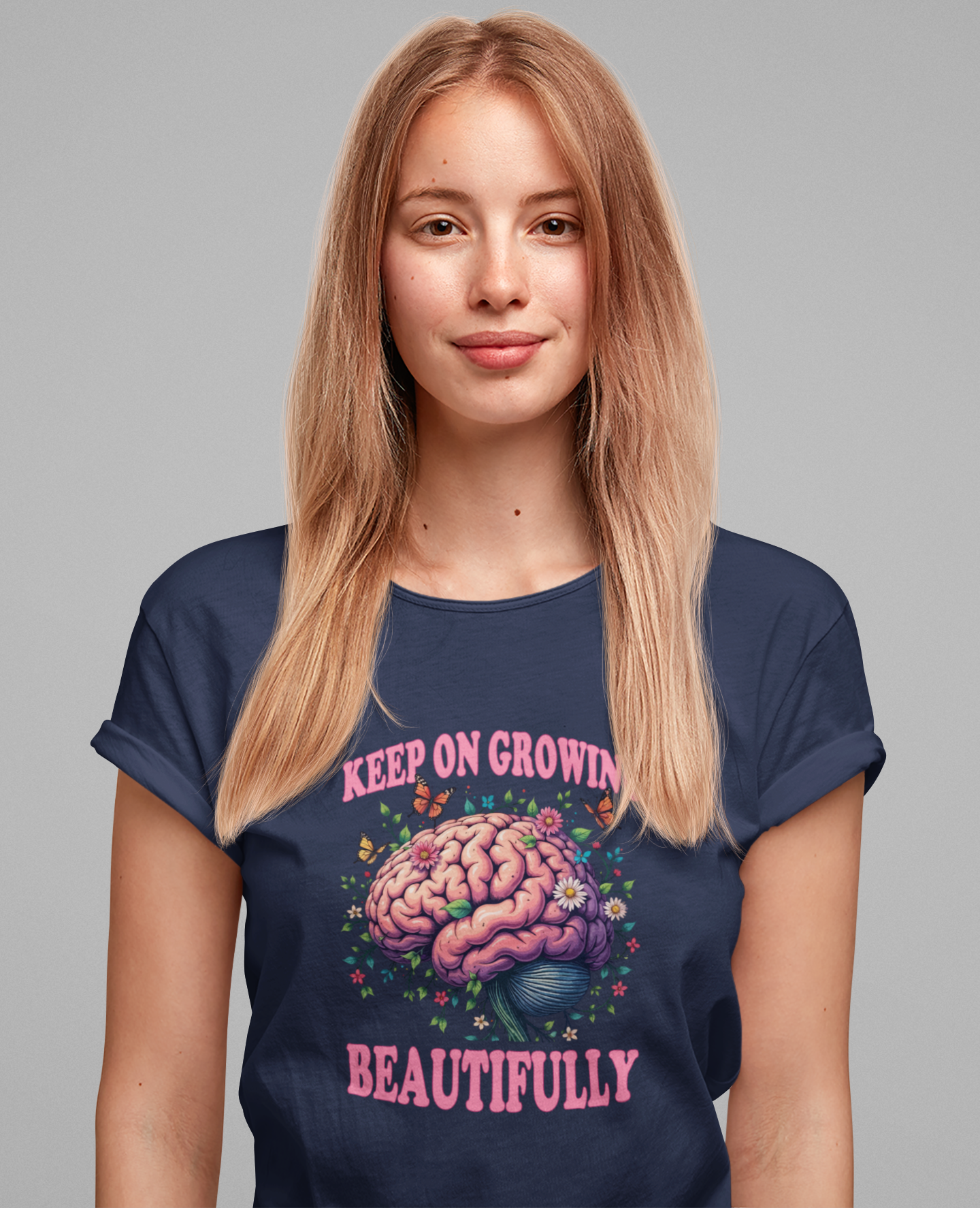 Keep on Growing Beautifully – Brain with Flowers, Plants & Butterflies Graphic T-Shirt