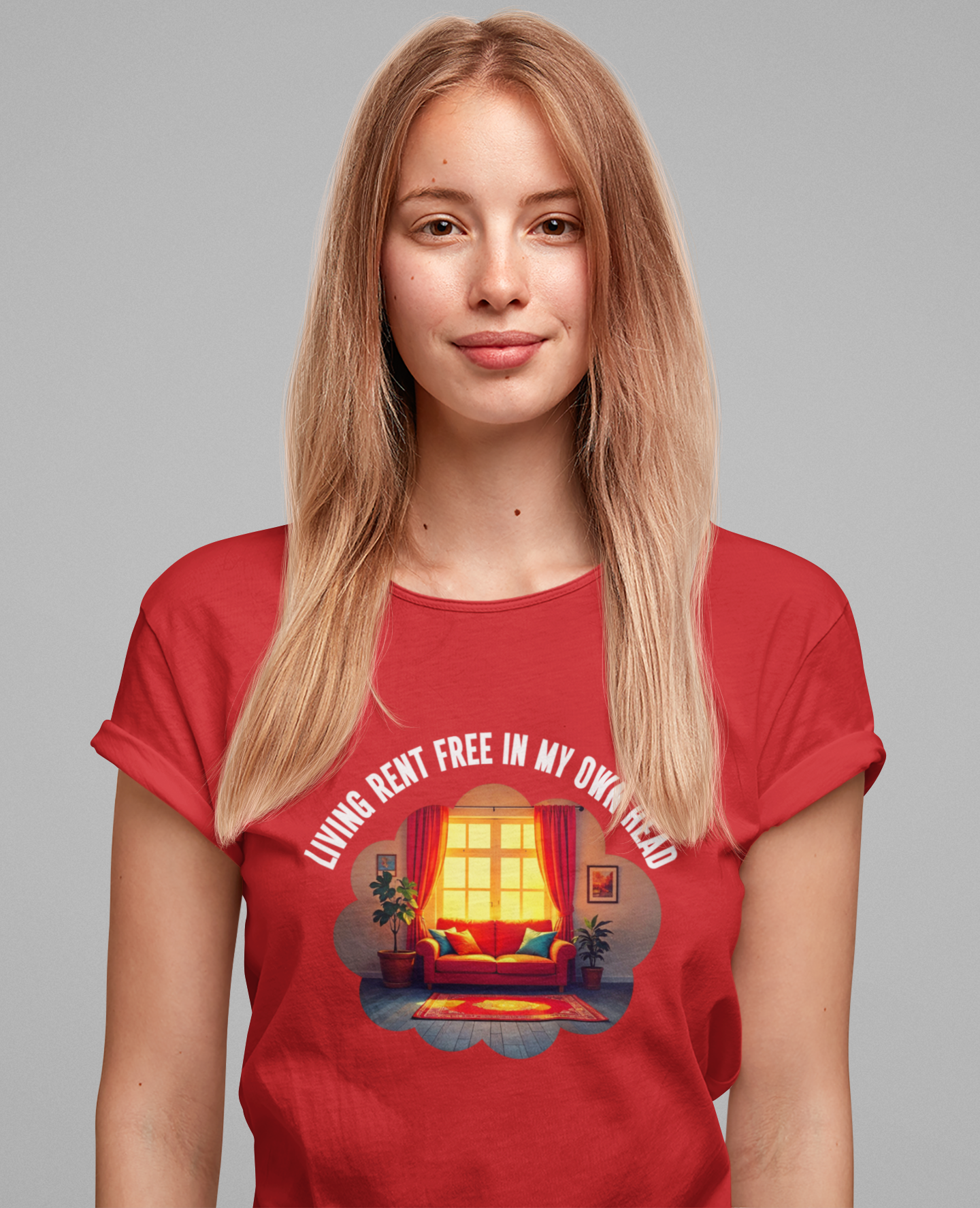 Living Rent Free in My Own Head – Cozy Living Room with Sofa & Sunlit Window Graphic T-Shirt