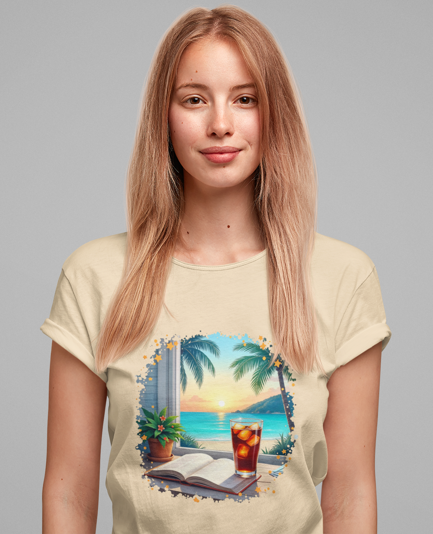 Romanticize Everything - Beachside Serenity – Table with Book, Drink & Flower Pot by Window Graphic T-Shirt