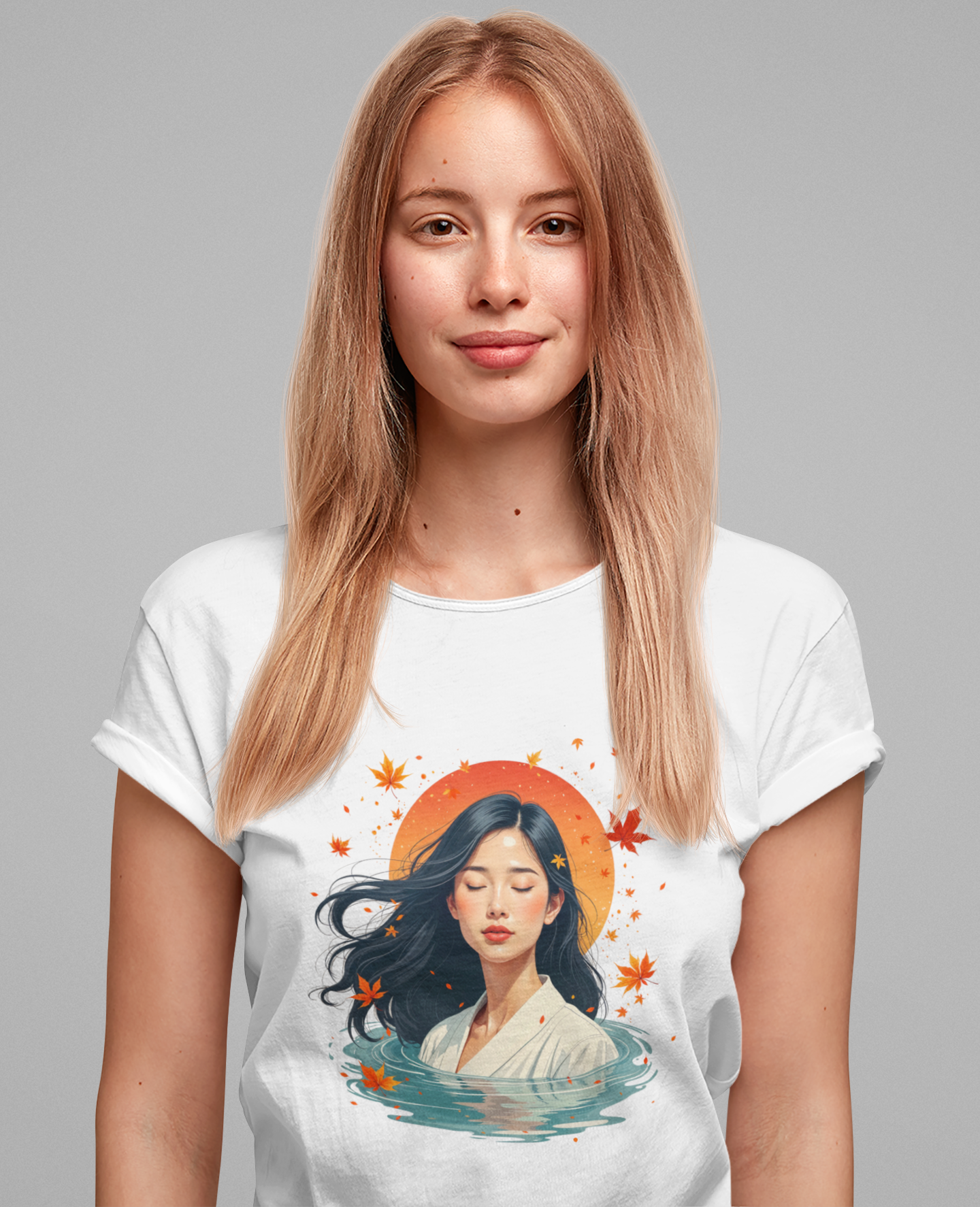 Serene Woman in White Dress Chest-Deep in Water with Sunset and Falling Leaves Graphic T-Shirt