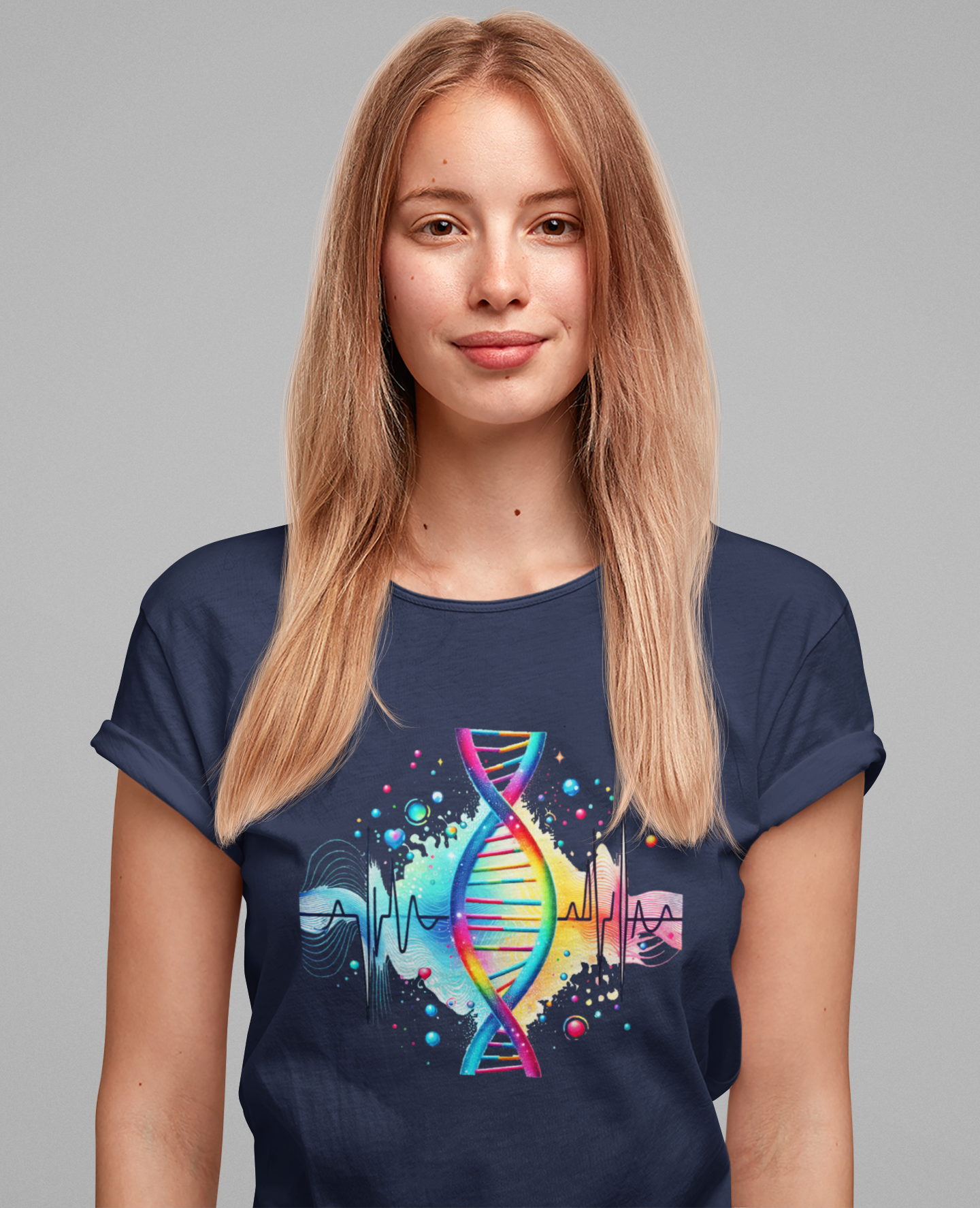 Life in Color – Vibrant DNA Helix with Medical Lifeline Graphic T-Shirt