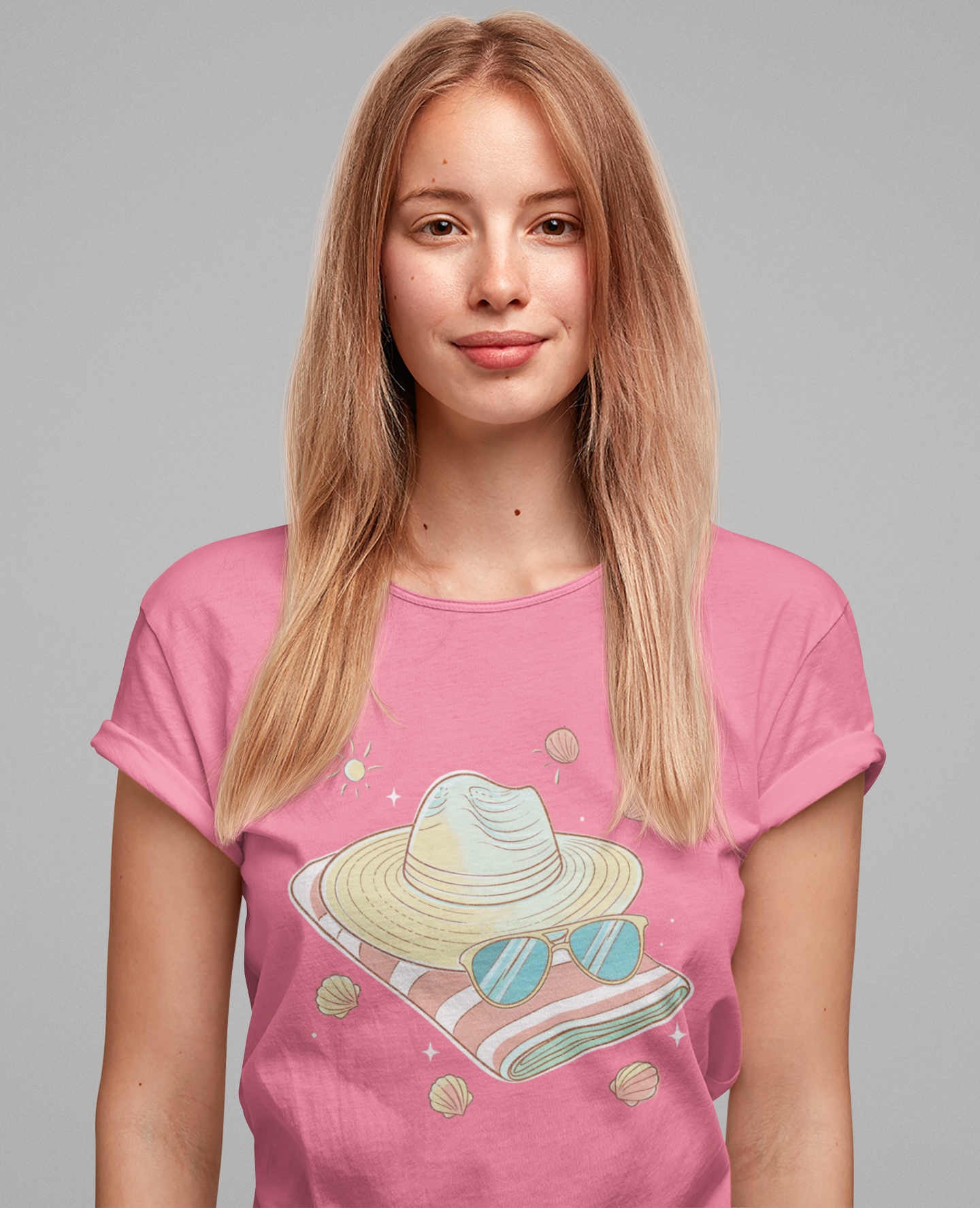 Sun Kissed & Carefree Beach Day Essentials – Towel, Sunglasses & Hat with Sun and Seashells Graphic T-Shirt