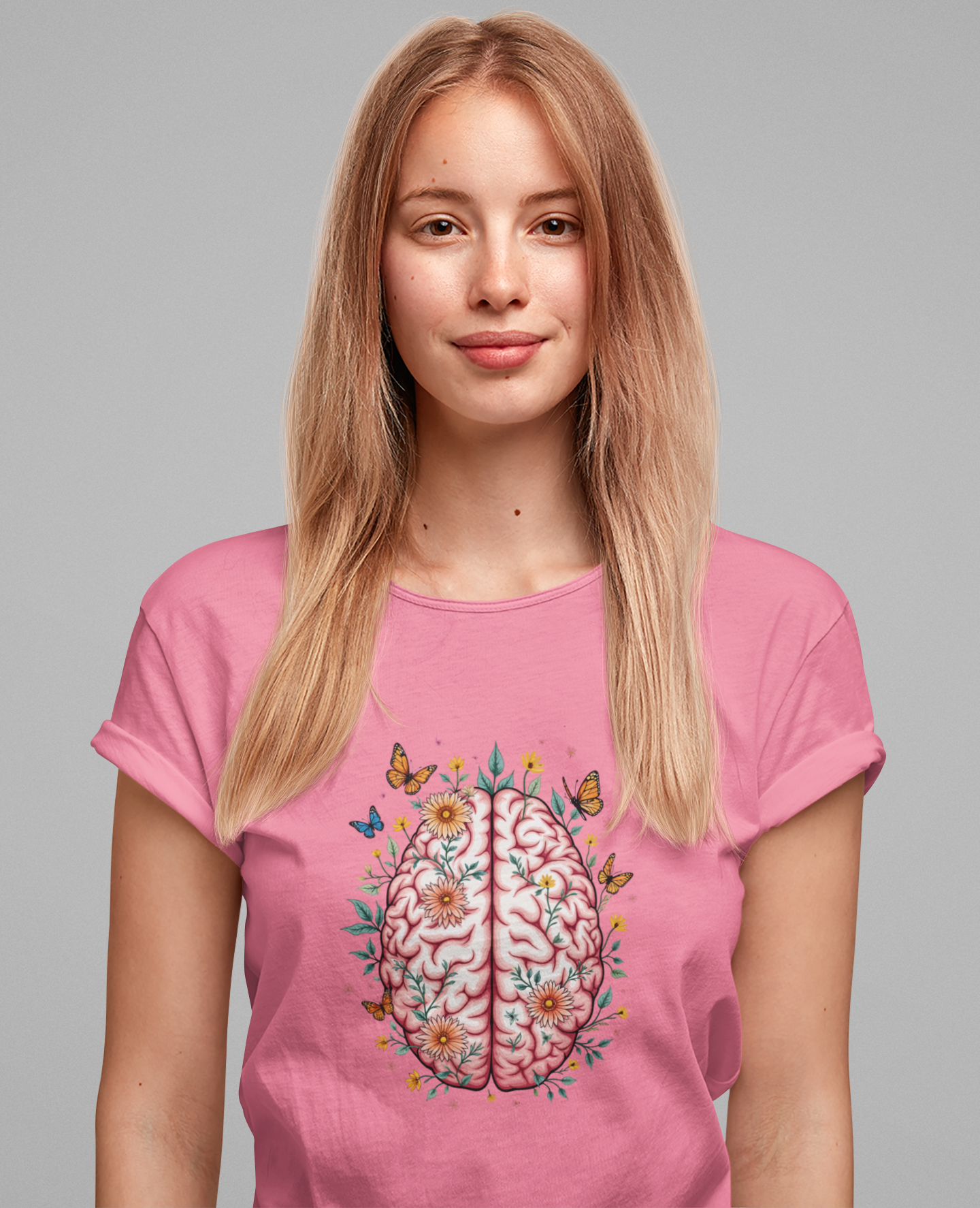 Human Brain with Flowers and Butterflies Tshirt – Artistic Floral Brain Graphic
