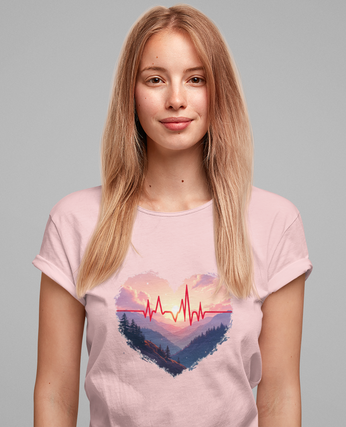 Heart-Shaped Majestic Mountains Landscape with Bold Red Lifeline Graphic T-Shirt