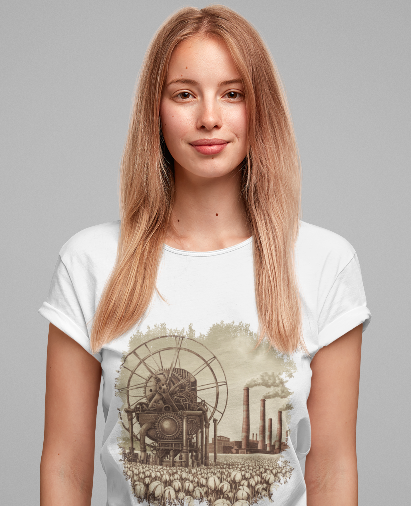 Cotton Gin Club Tshirt – Harvest-Ready Cotton Field with Historic Spinning Machine and Factory