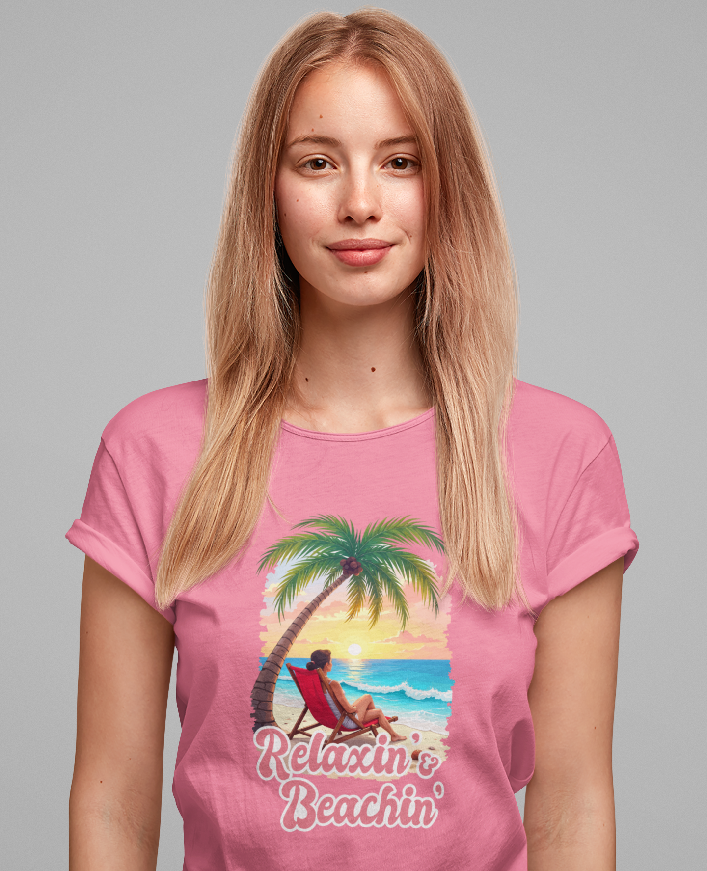 Recharge Mode Relaxin & Beachin' – Woman Lounging Under Palm Tree Beach Scene T-Shirt