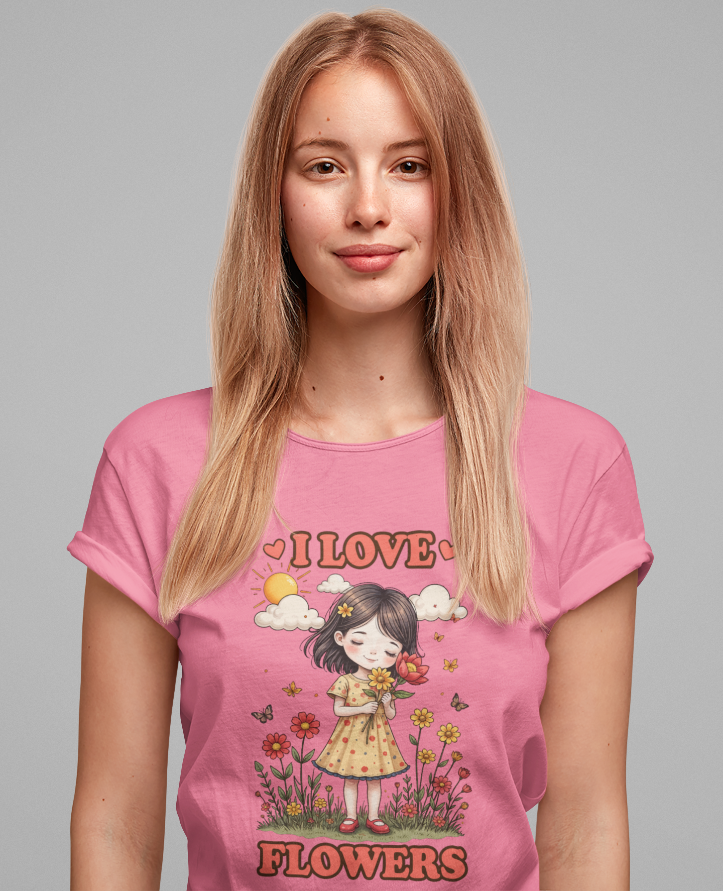I Love Flowers T-Shirt – Cute Girl and Floral Garden Graphic Tee