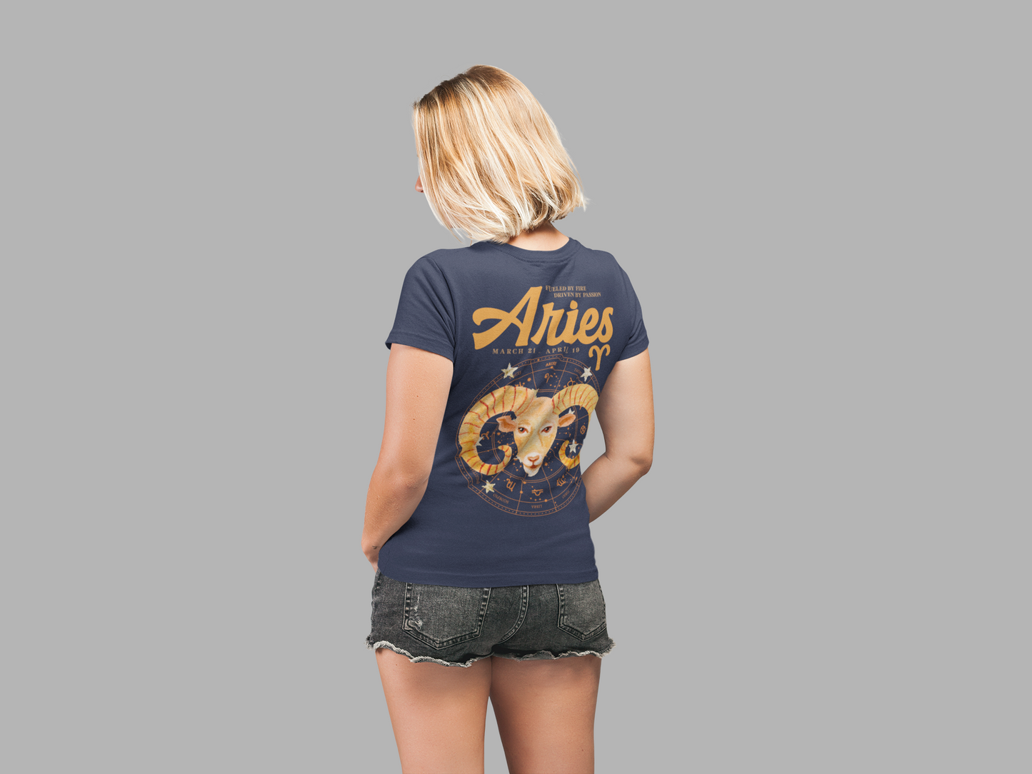Aries Fueled by Fire T-Shirt – Ram Head with Zodiac Astrological Wheel