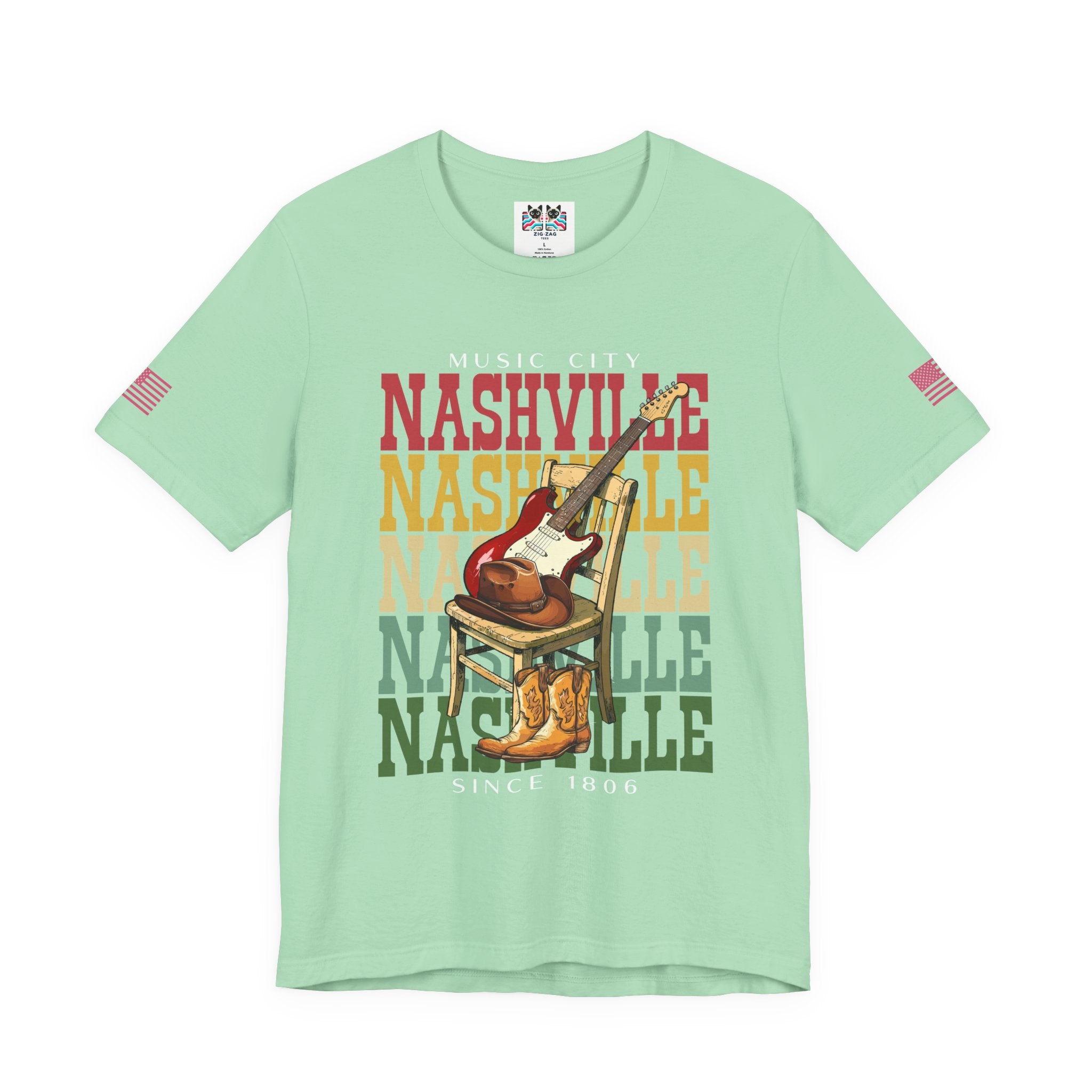 Music City Nashville T-Shirt – Stacked Repeat Typography Electric Guitar Cowboy Hat & Boots Graphic Tee Since 1806