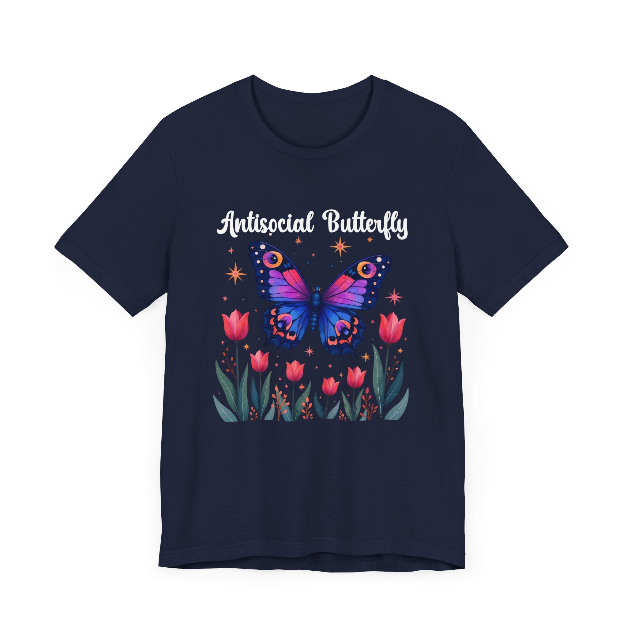 Antisocial Butterfly – Large Butterfly Above Flower Plants Graphic T-Shirt