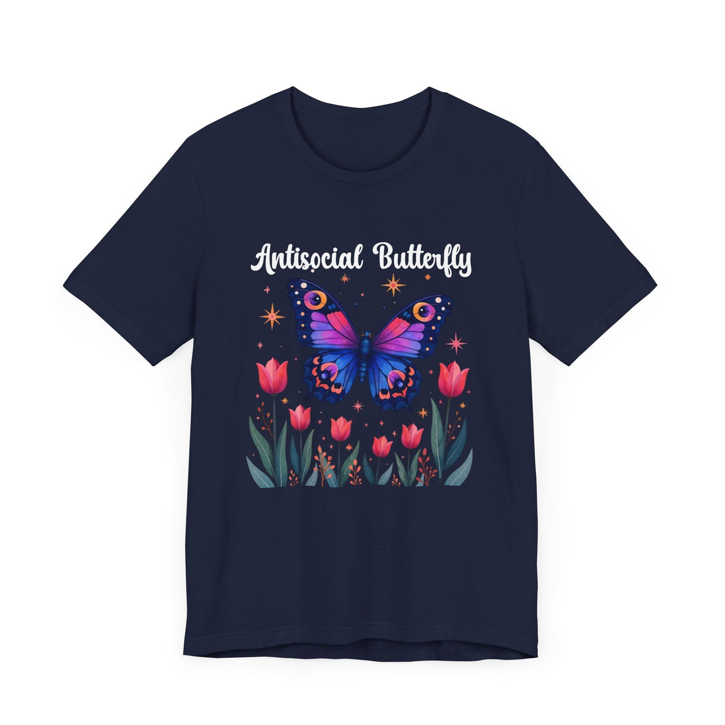 Antisocial Butterfly – Large Butterfly Above Flower Plants Graphic T-Shirt