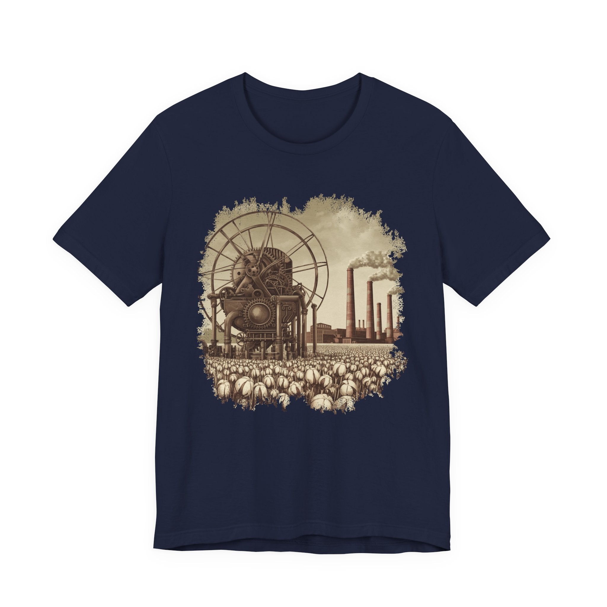 Cotton Gin Club Tshirt – Harvest-Ready Cotton Field with Historic Spinning Machine and Factory