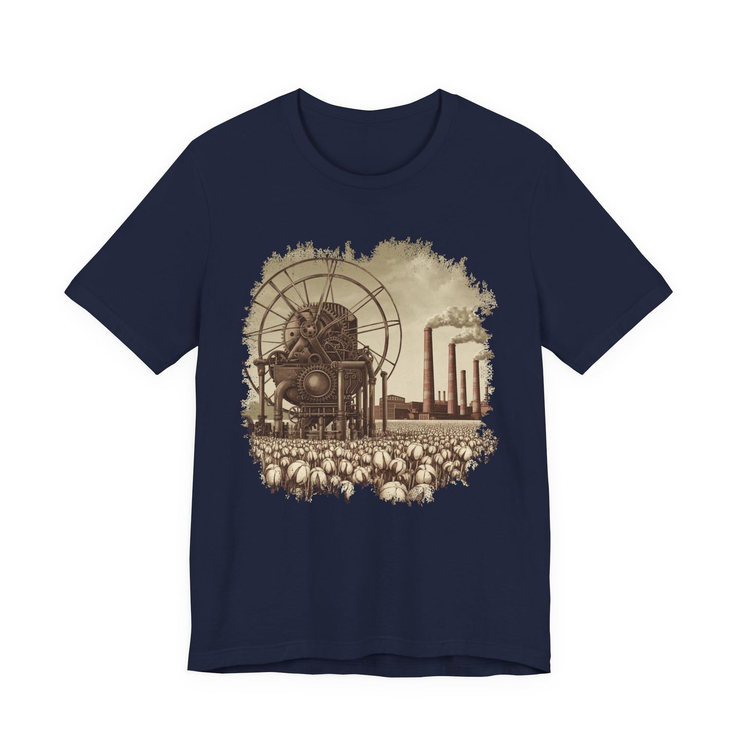 Cotton Gin Club Tshirt – Harvest-Ready Cotton Field with Historic Spinning Machine and Factory