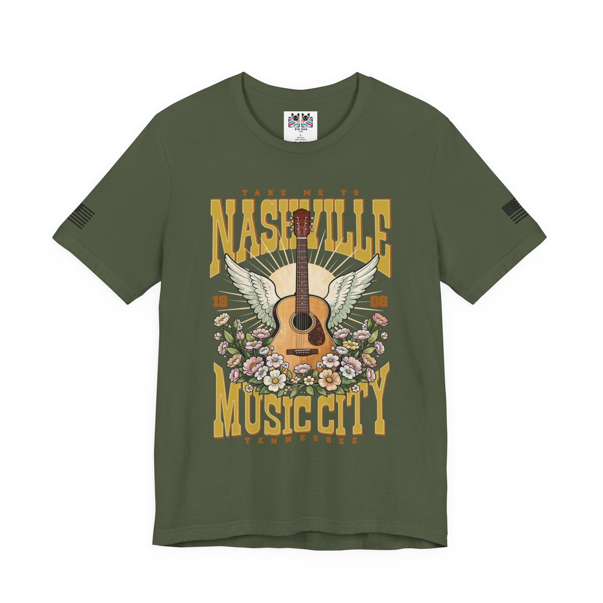 Take Me to Nashville Music City T-Shirt – Winged Acoustic Guitar Floral EST 1806 Tennessee Graphic Tee