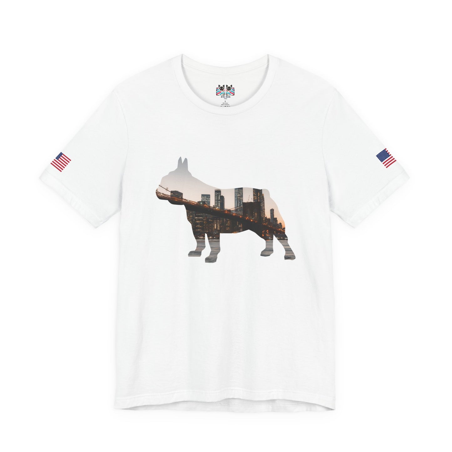 NYC Dog Silhouette T-Shirt - New York City Skyline in French Bulldog Shape Brooklyn Bridge