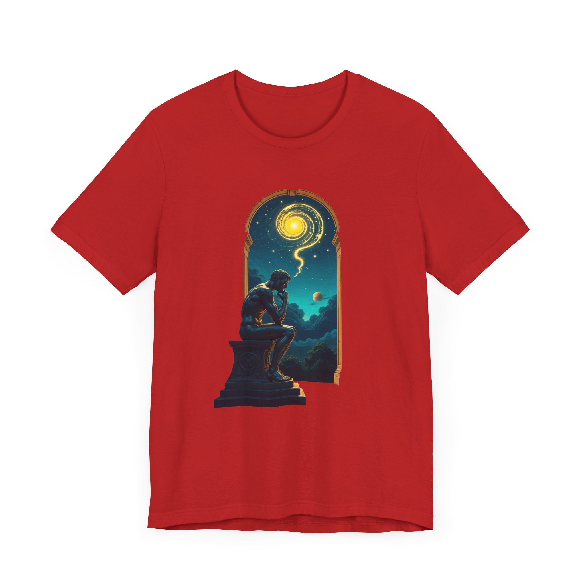 Muscular Statue Deep in Thought on Stage with Scenic Window View Graphic T-Shirt