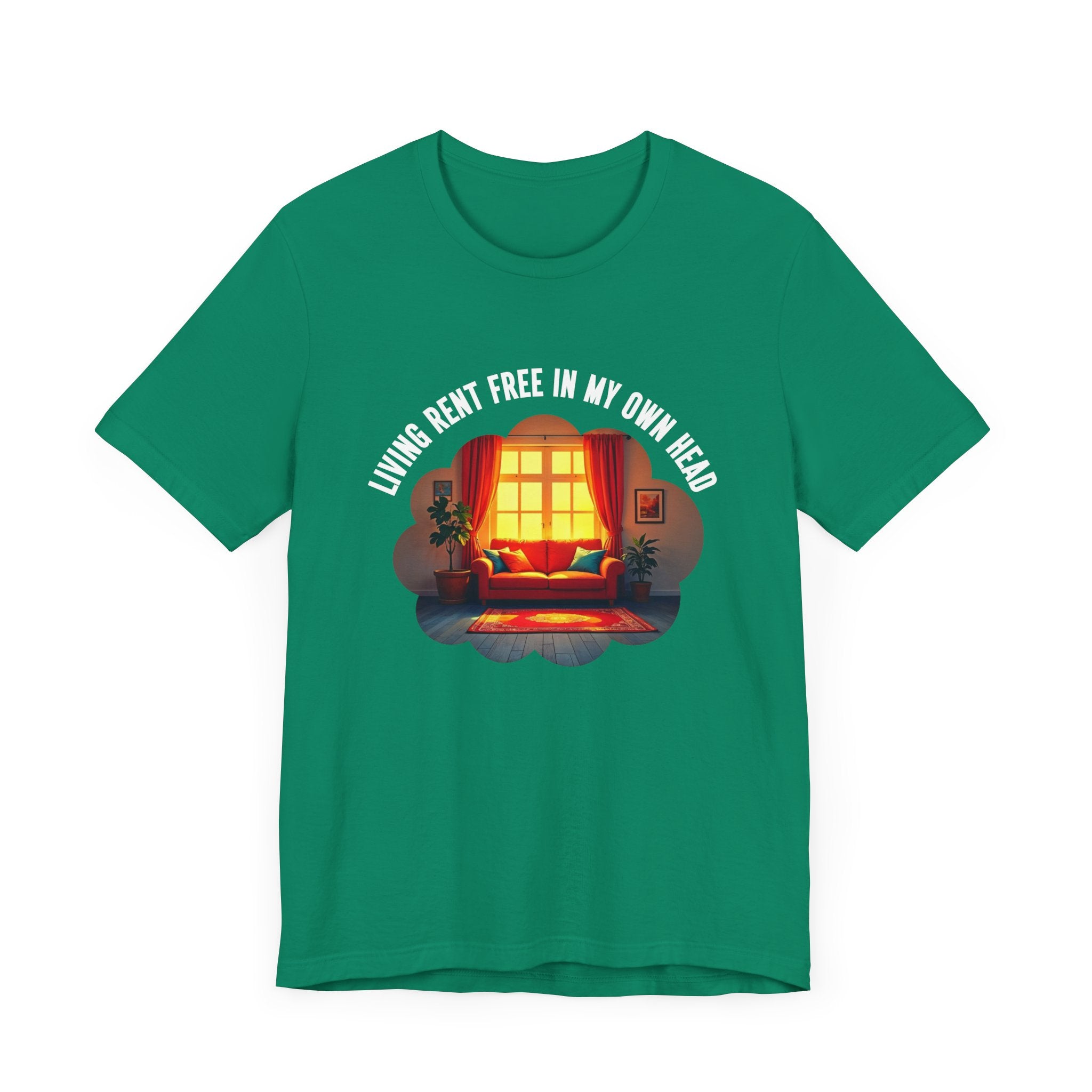 Living Rent Free in My Own Head – Cozy Living Room with Sofa & Sunlit Window Graphic T-Shirt