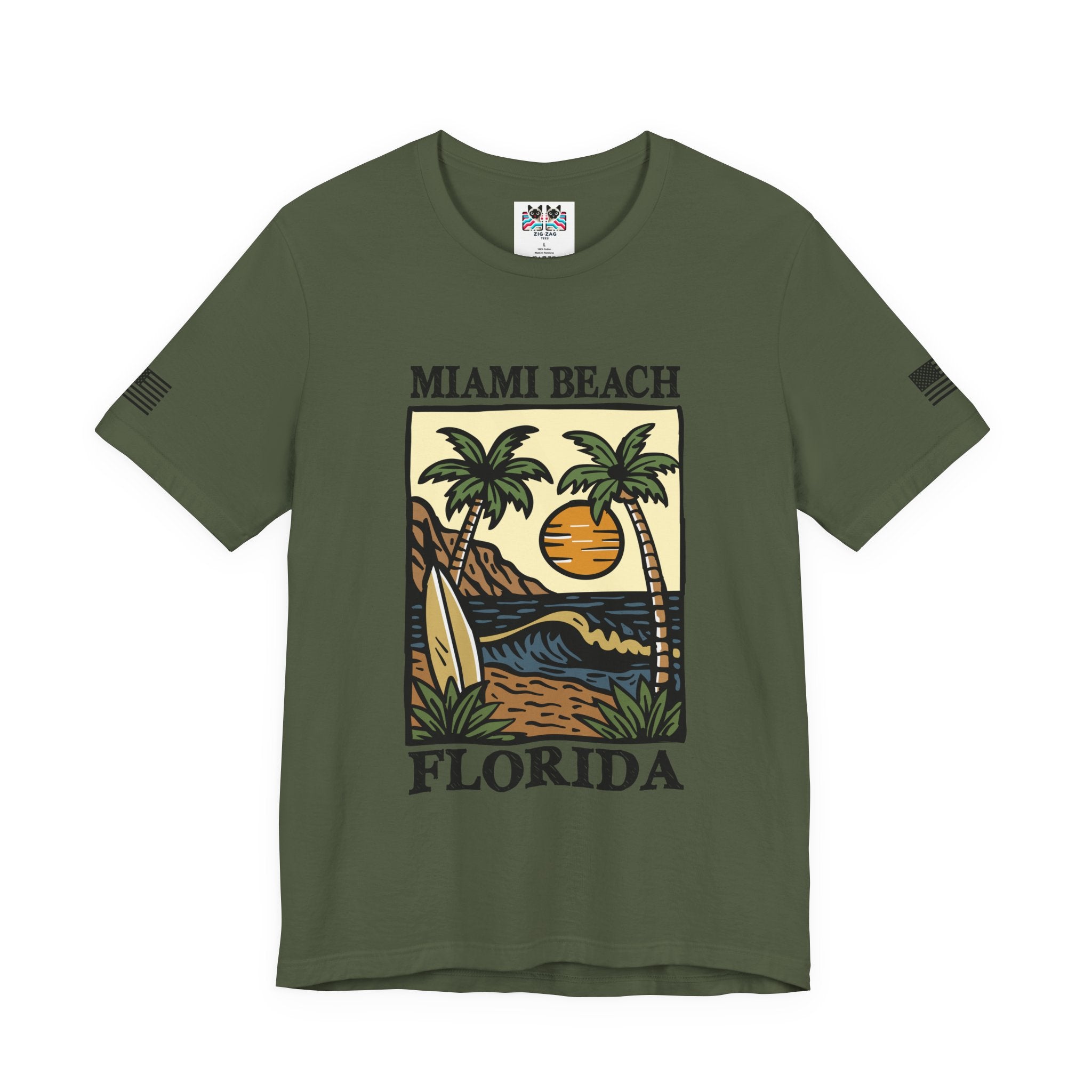 Miami Beach Florida T-Shirt – Illustrated Surfboard Palm Tree Sunset Beach Scene Tee