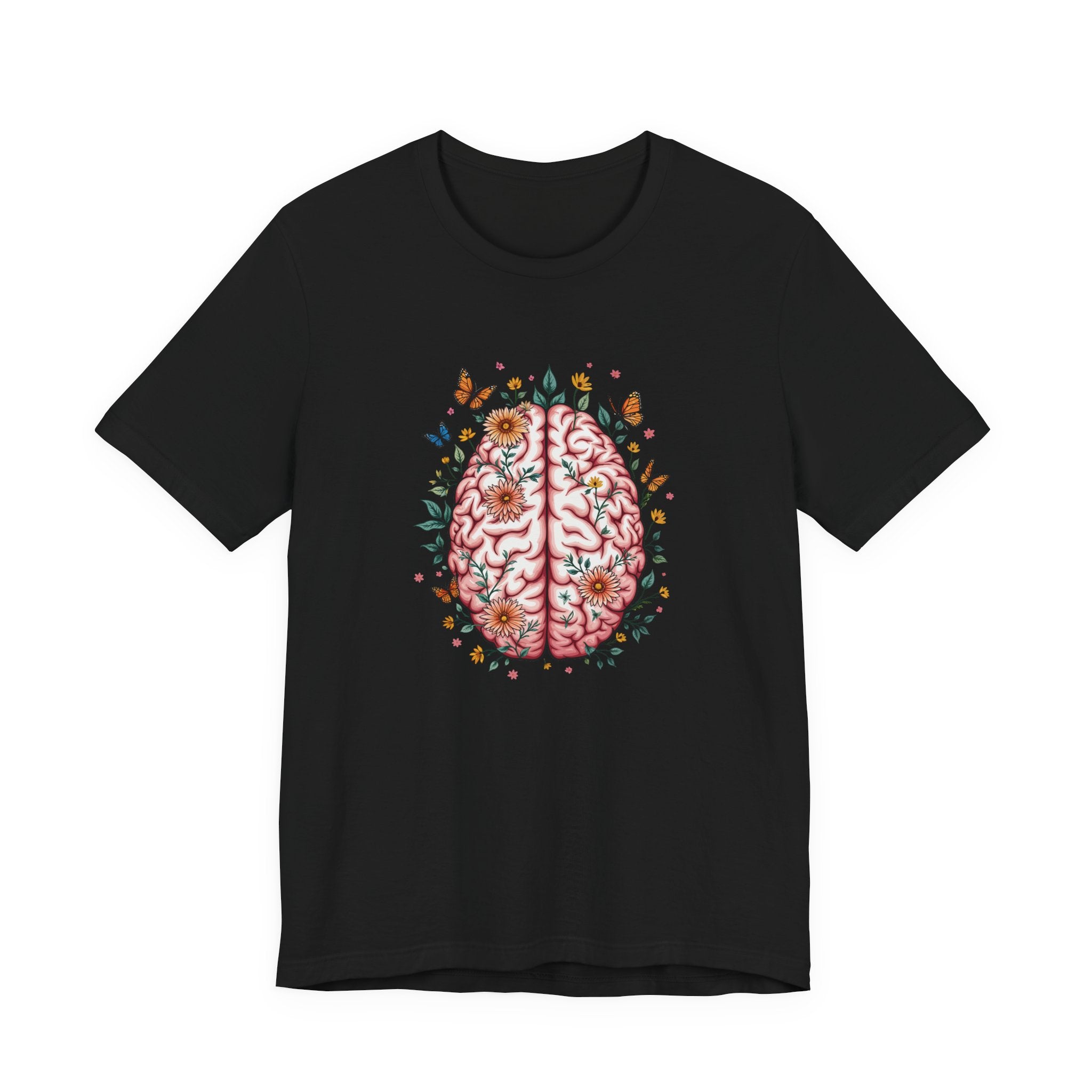 Human Brain with Flowers and Butterflies Tshirt – Artistic Floral Brain Graphic