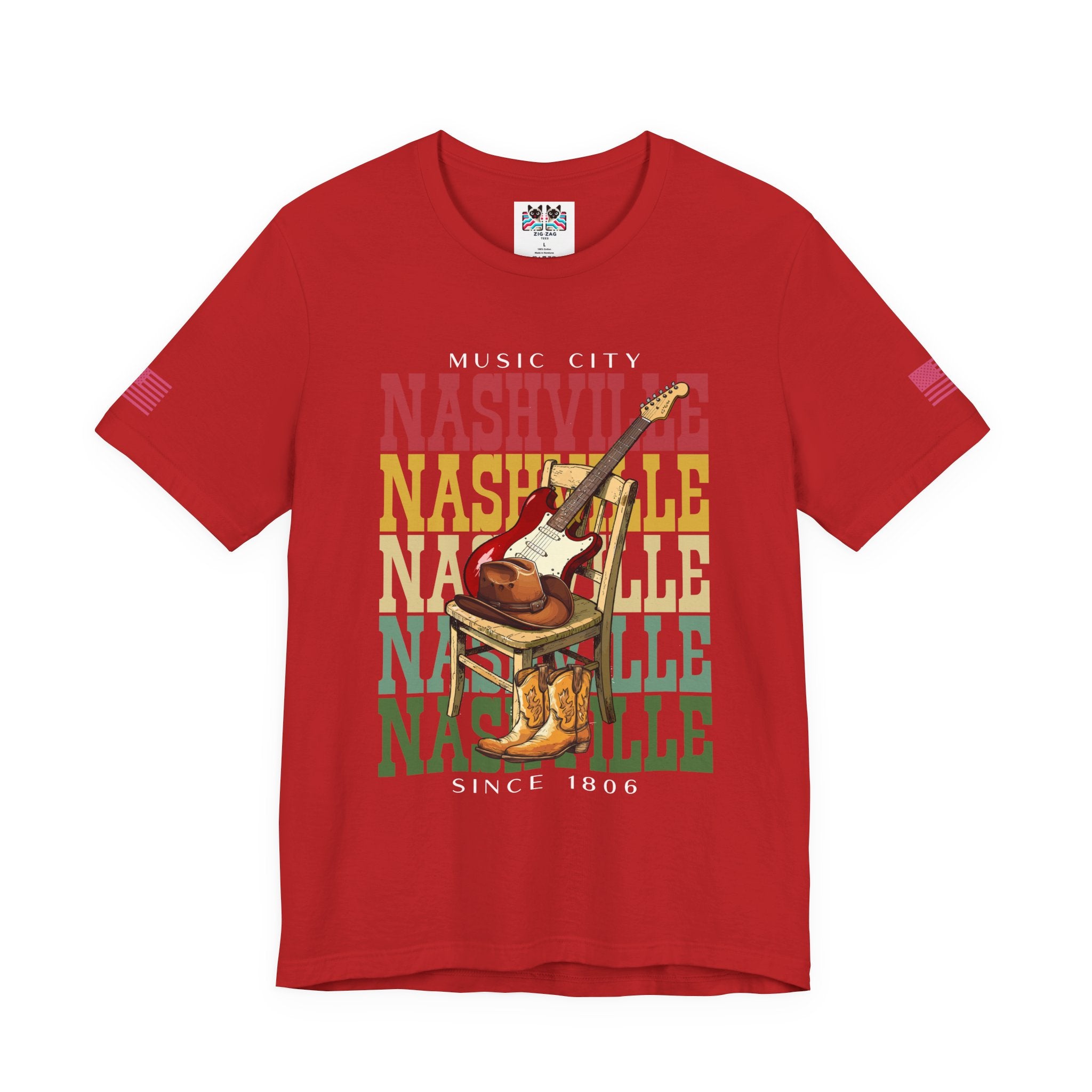 Music City Nashville T-Shirt – Stacked Repeat Typography Electric Guitar Cowboy Hat & Boots Graphic Tee Since 1806