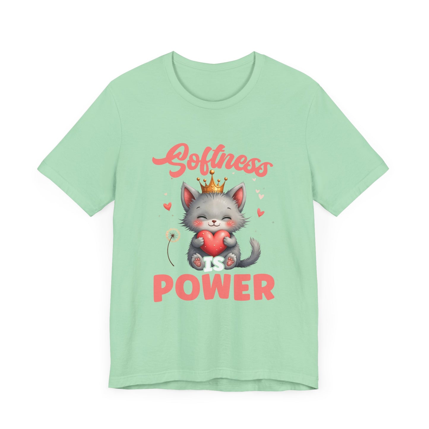 Softness Is Power – Adorable Cat with Heart & Crown Graphic T-Shirt